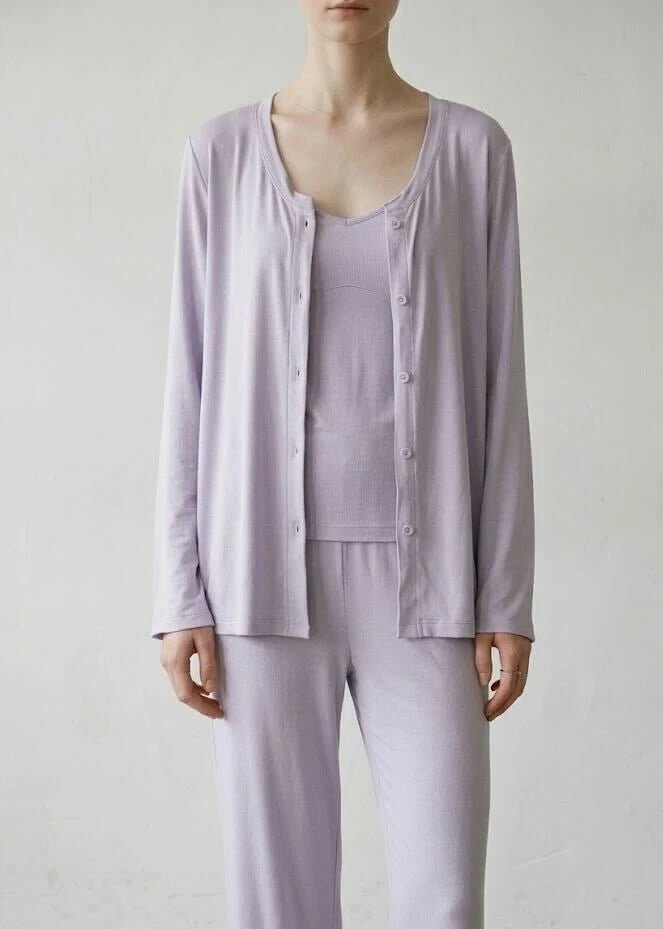 - Ever Lasting - Solid Ruffle V Tank and Long Pants with Cardigan Modal Pajama Set - Pajamas - Ever Lasting