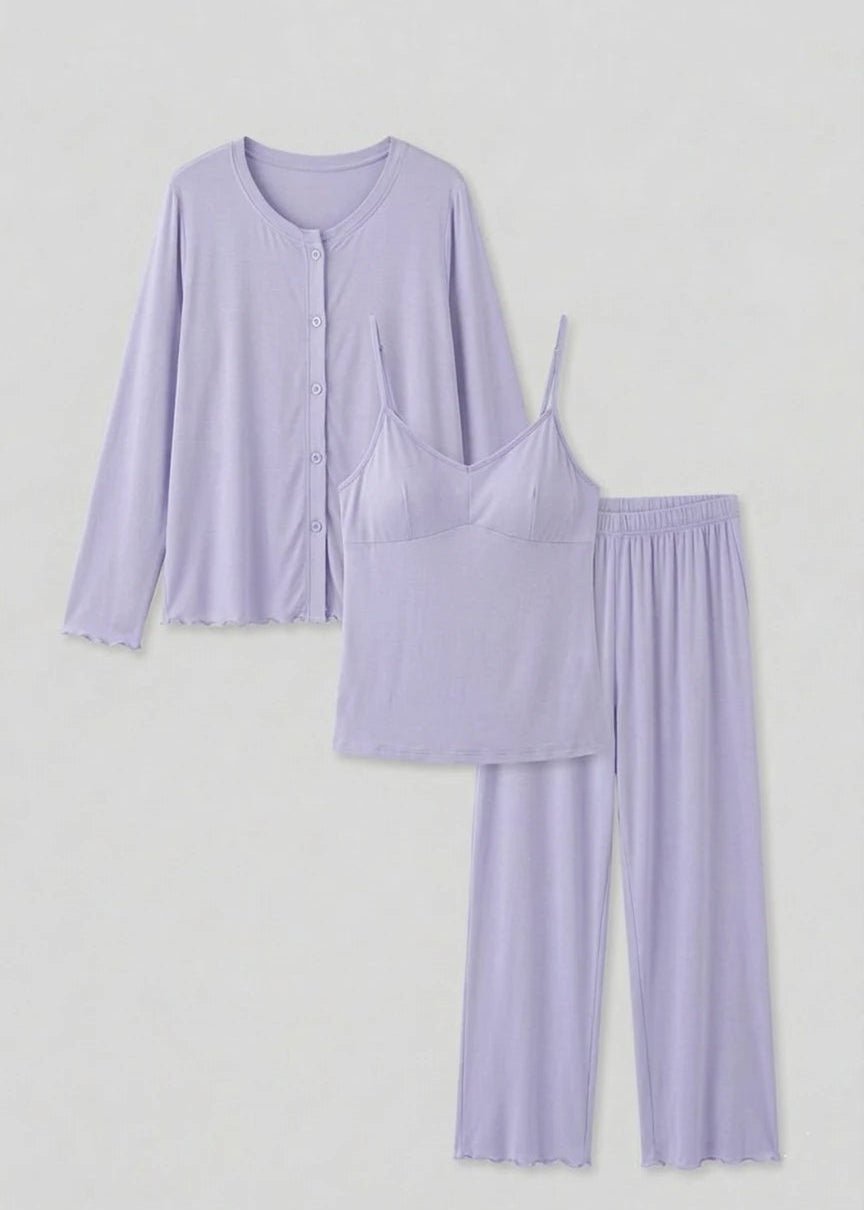 - Ever Lasting - Solid Ruffle V Tank and Long Pants with Cardigan Modal Pajama Set - Pajamas - Ever Lasting