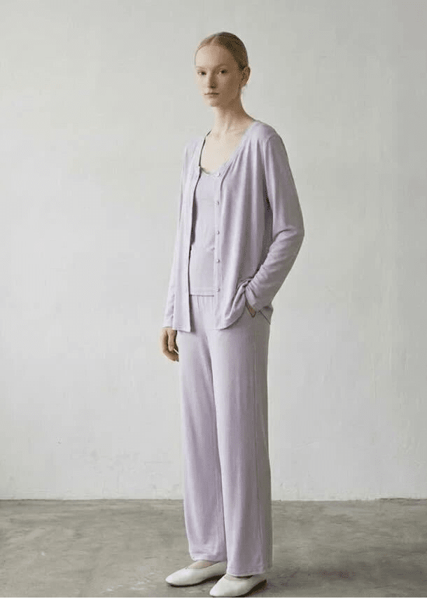 - Ever Lasting - Solid Ruffle V Tank and Long Pants with Cardigan Modal Pajama Set - Pajamas - Ever Lasting