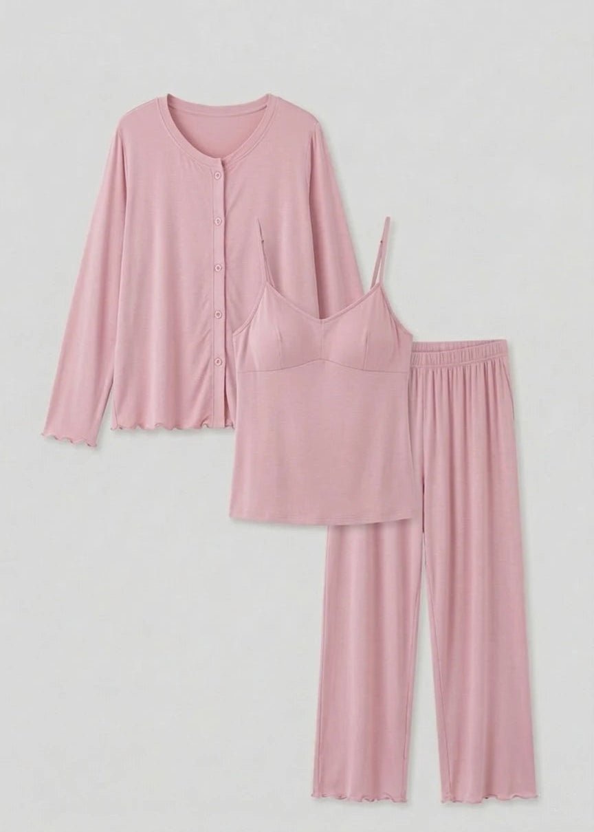 - Ever Lasting - Solid Ruffle V Tank and Long Pants with Cardigan Modal Pajama Set - Pajamas - Ever Lasting