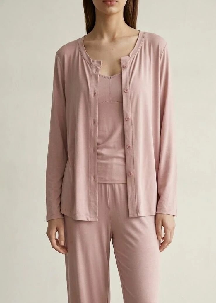 - Ever Lasting - Solid Ruffle V Tank and Long Pants with Cardigan Modal Pajama Set - Pajamas - Ever Lasting