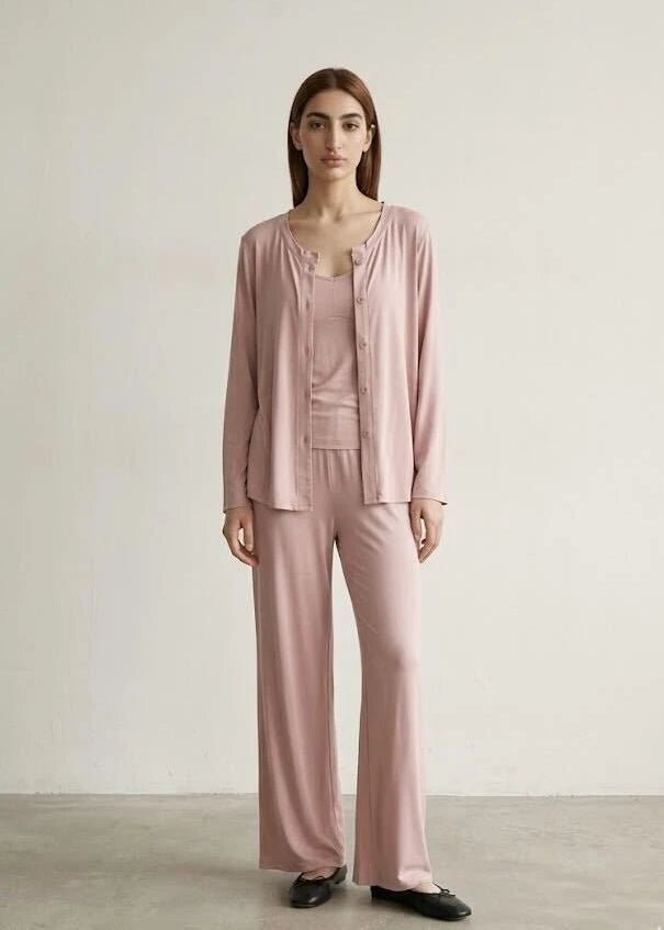 - Ever Lasting - Solid Ruffle V Tank and Long Pants with Cardigan Modal Pajama Set - Pajamas - Ever Lasting