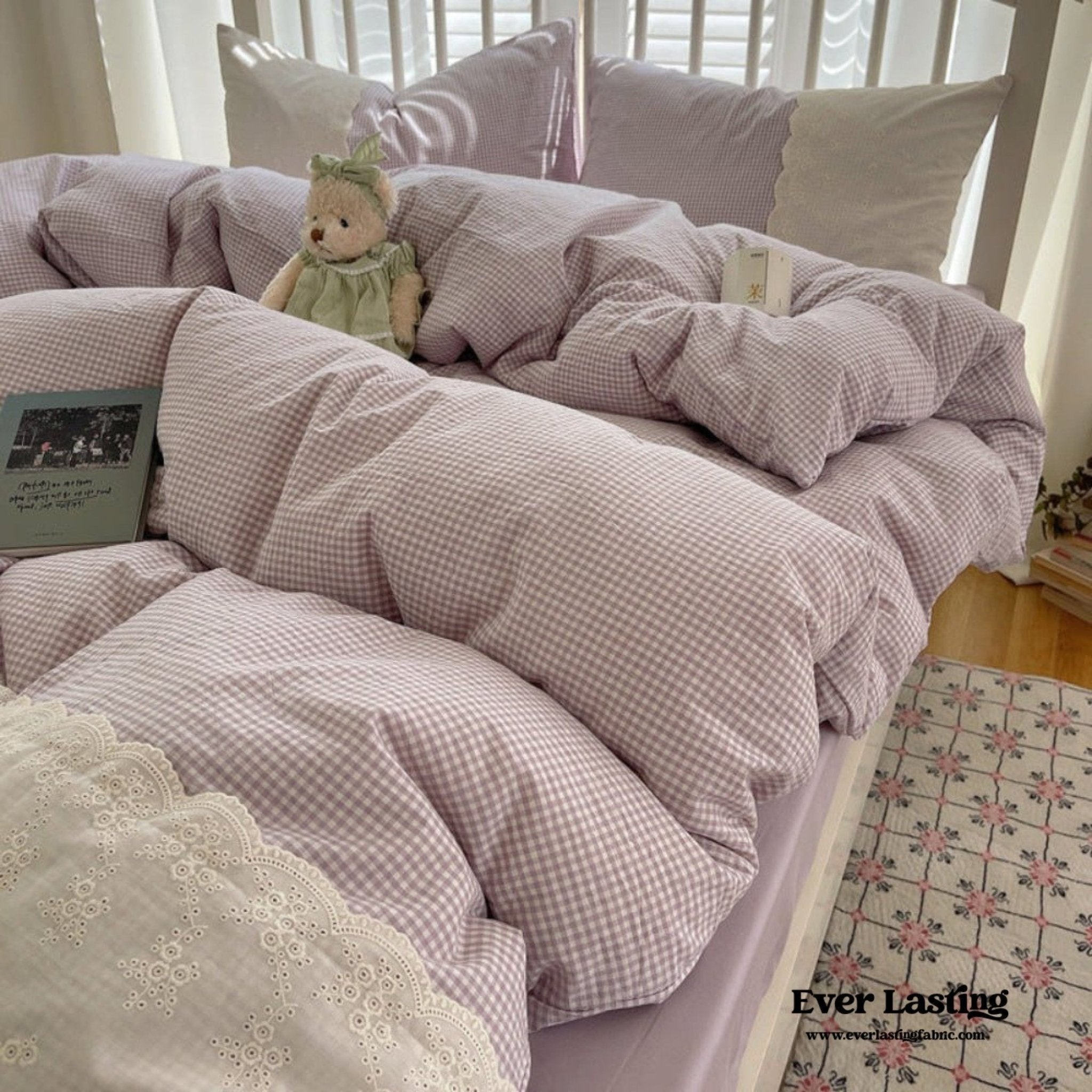 Sophia Gingham Lace Washed Cotton Bedding Set / Blue - Ever Lasting