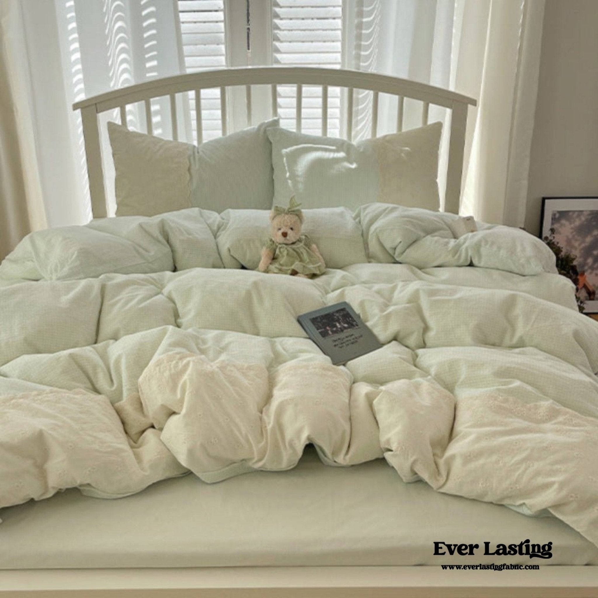 Sophia Gingham Lace Washed Cotton Bedding Set / Blue - Ever Lasting