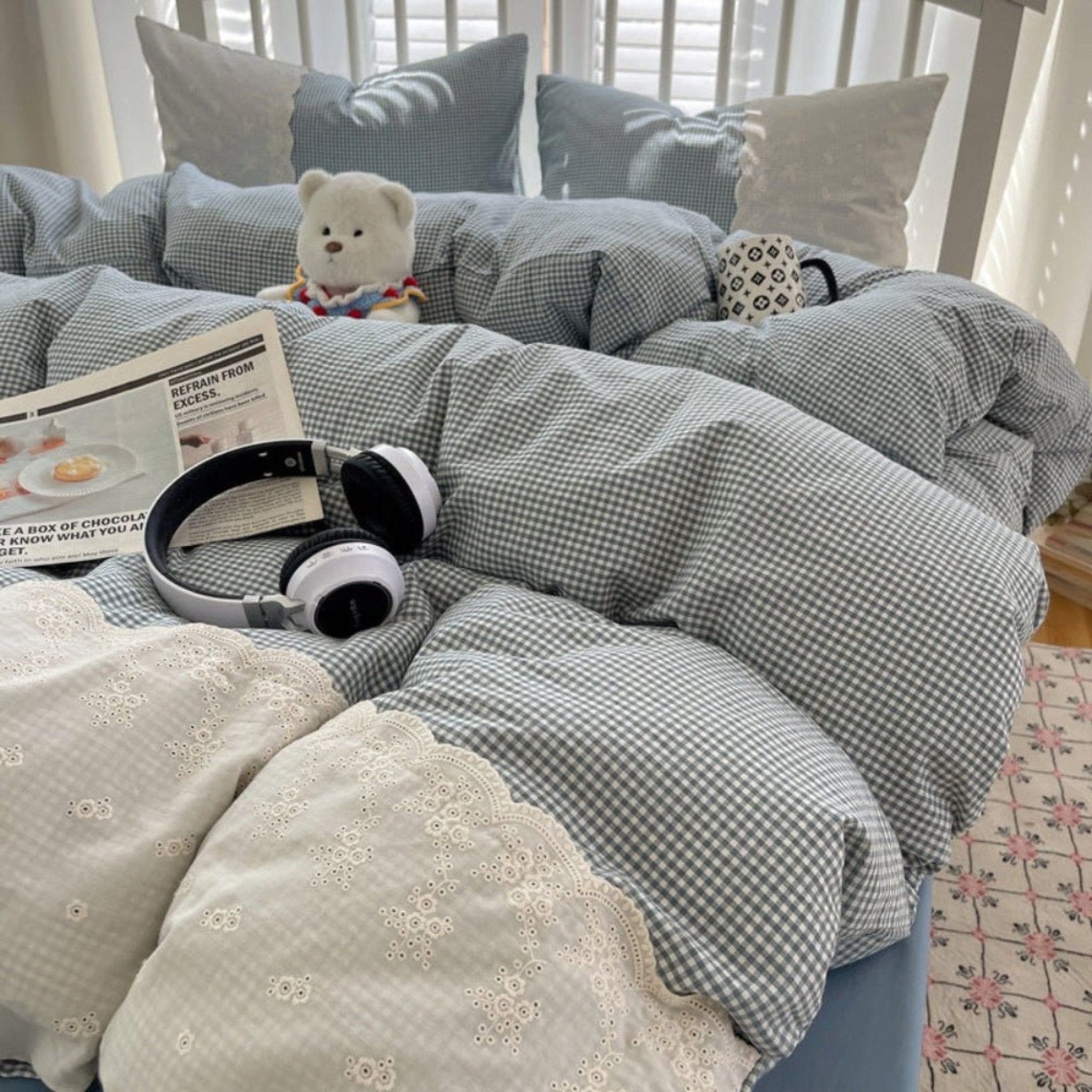 Sophia Gingham Lace Washed Cotton Bedding Set / Blue - Ever Lasting