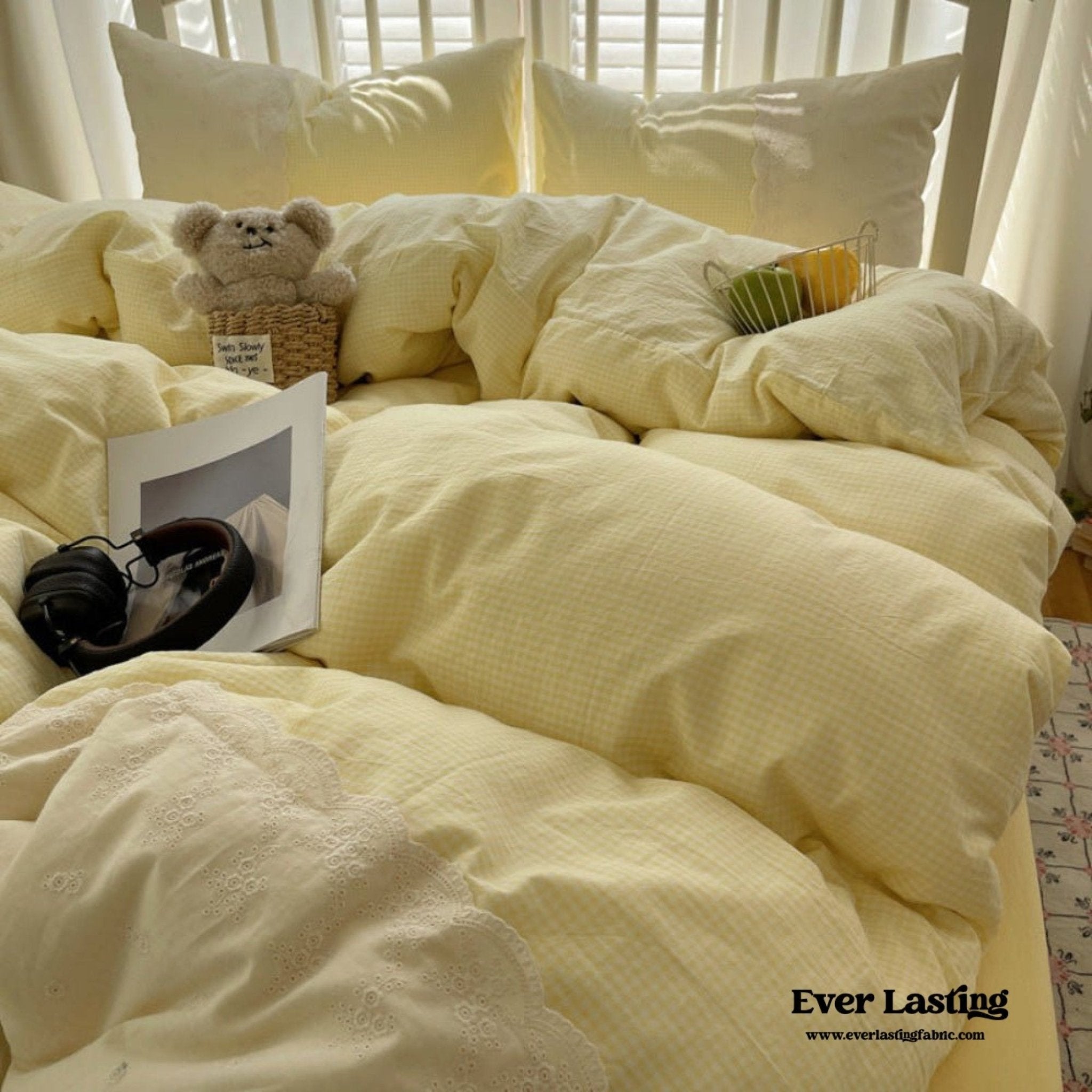 Sophia Gingham Lace Washed Cotton Bedding Set / Blue - Ever Lasting