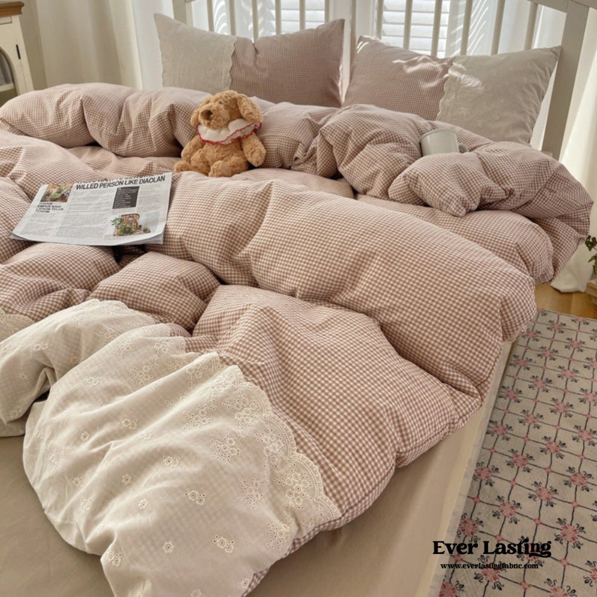 Sophia Gingham Lace Washed Cotton Bedding Set / Blue - Ever Lasting