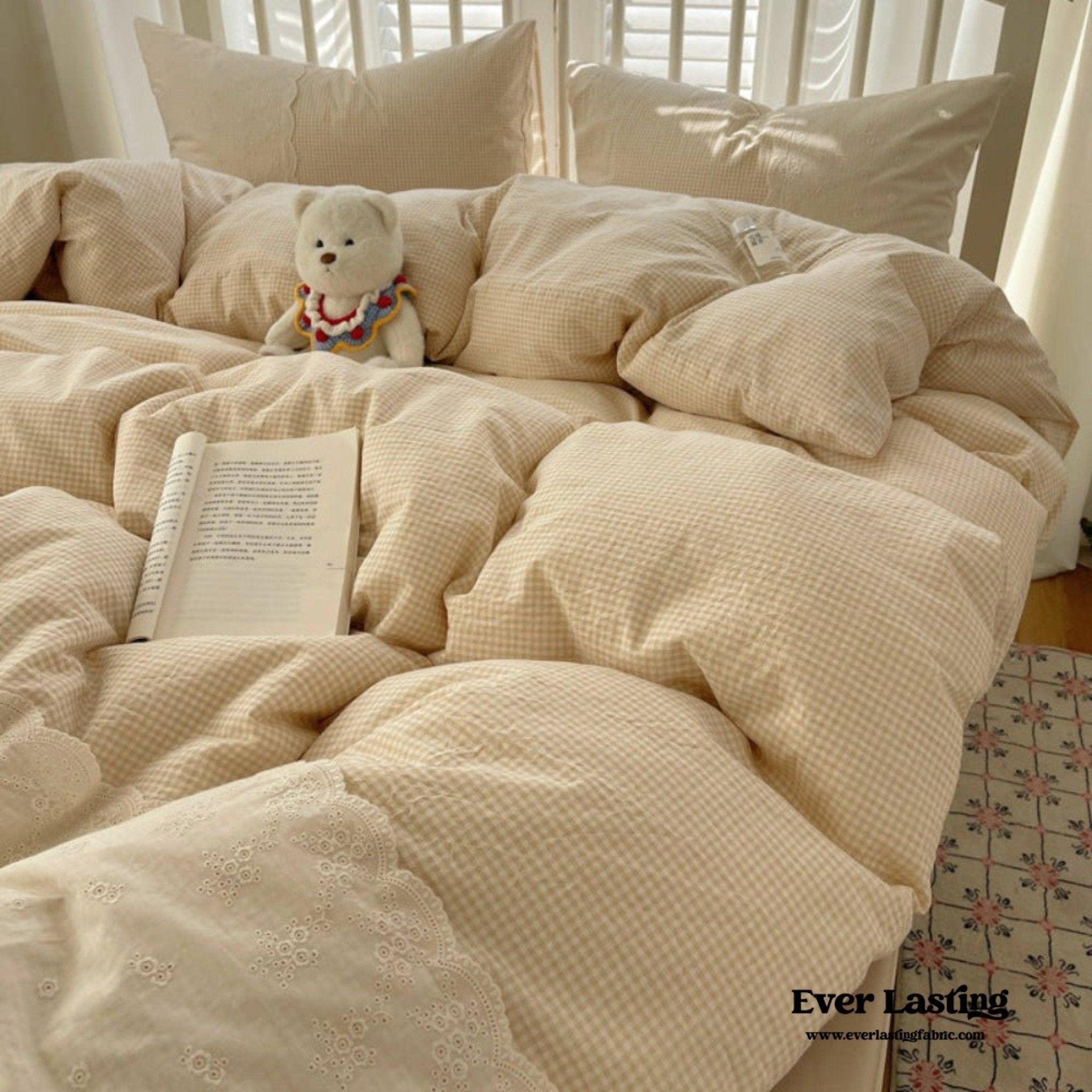 Sophia Gingham Lace Washed Cotton Bedding Set / Blue - Ever Lasting