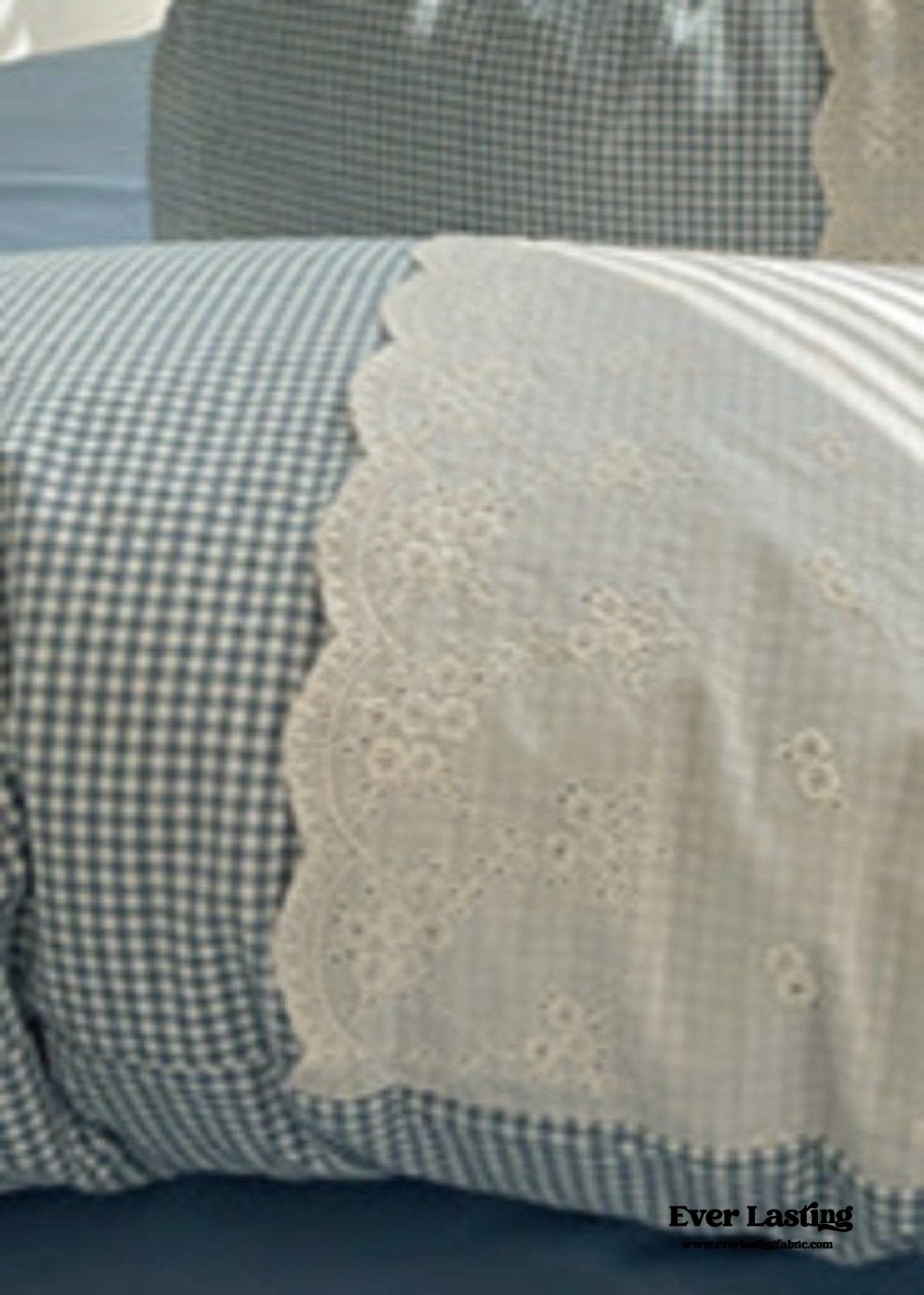 Sophia Gingham Lace Washed Cotton Bedding Set / Blue - Ever Lasting