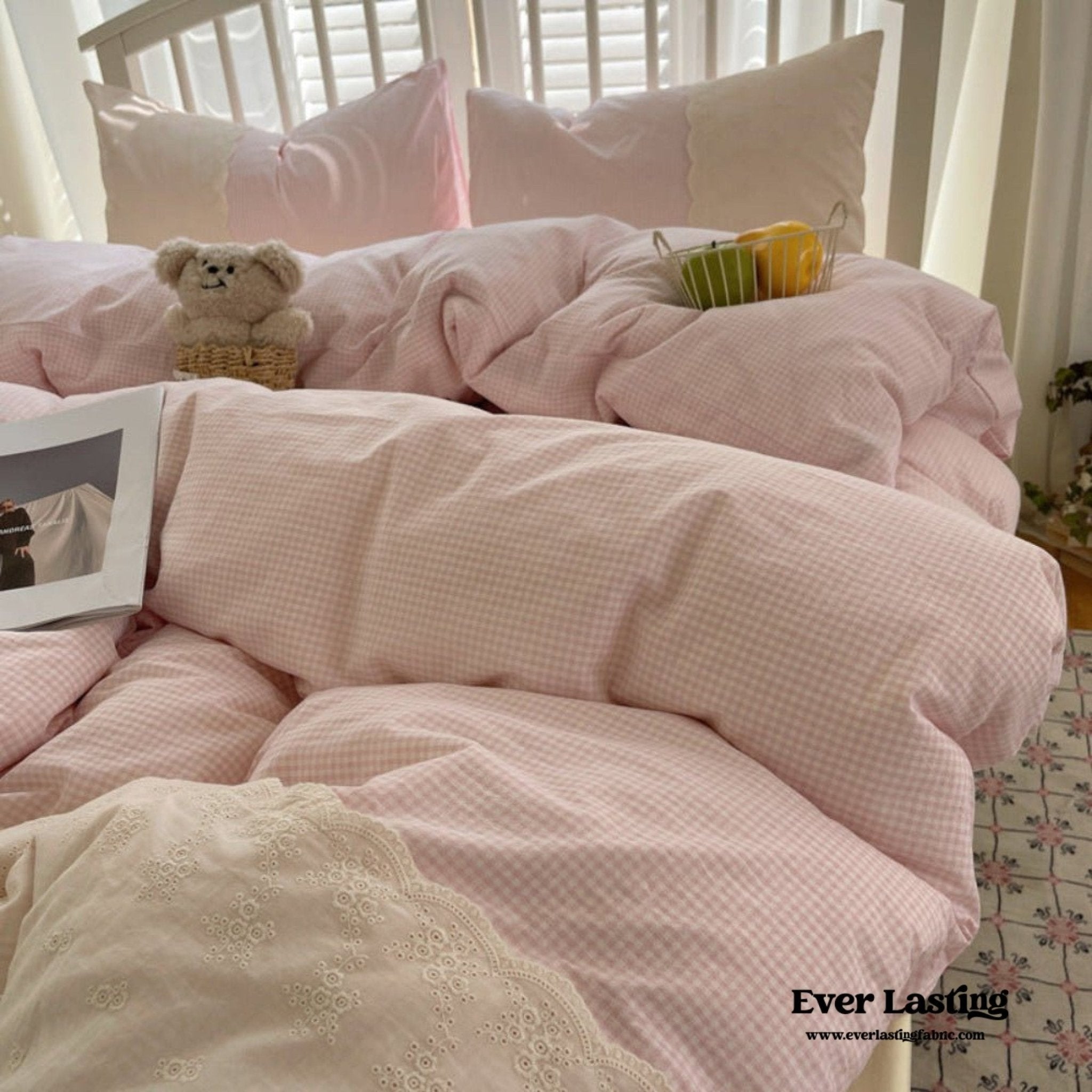 Sophia Gingham Lace Washed Cotton Bedding Set / Blue - Ever Lasting