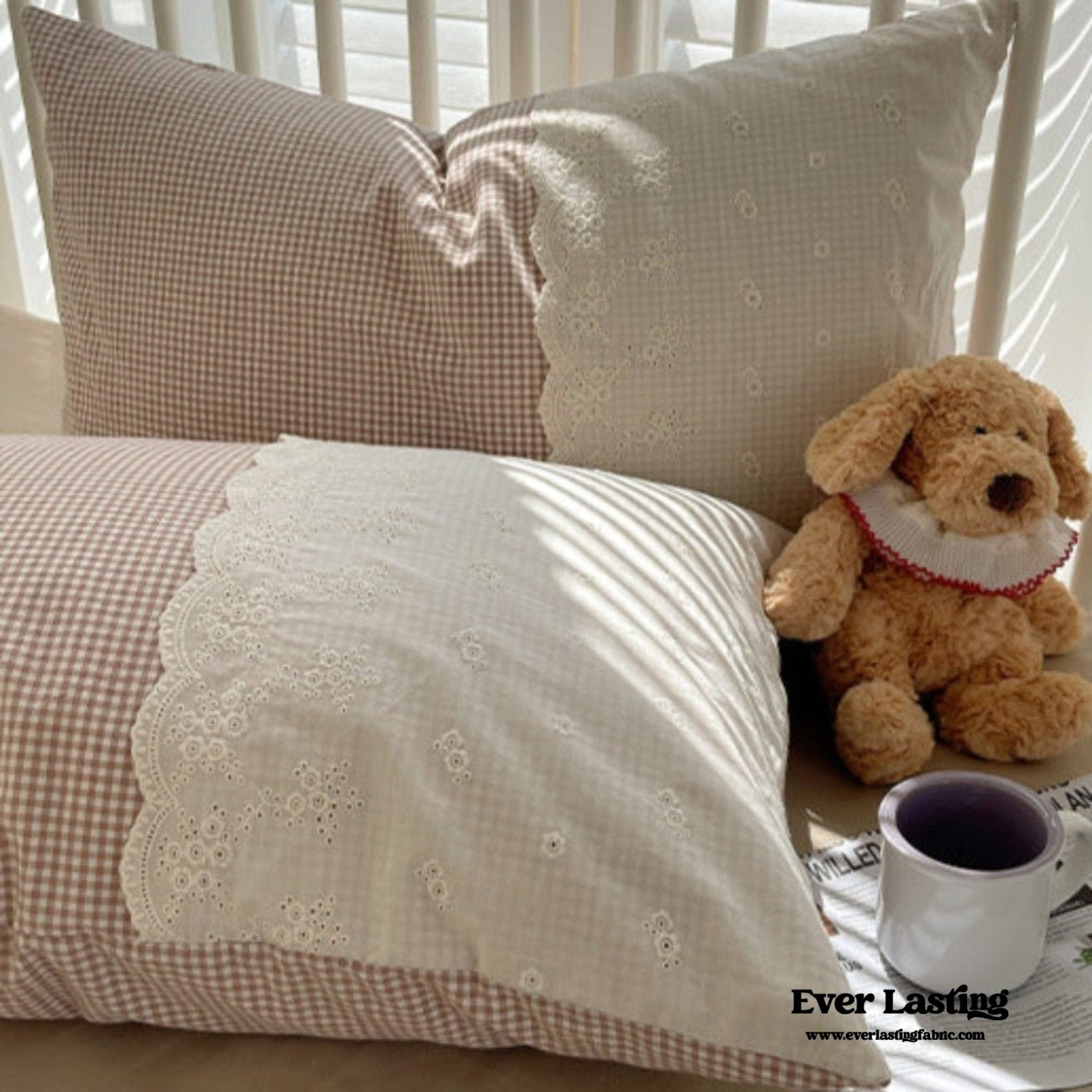 Sophia Gingham Lace Washed Cotton Bedding Set / Blue - Ever Lasting