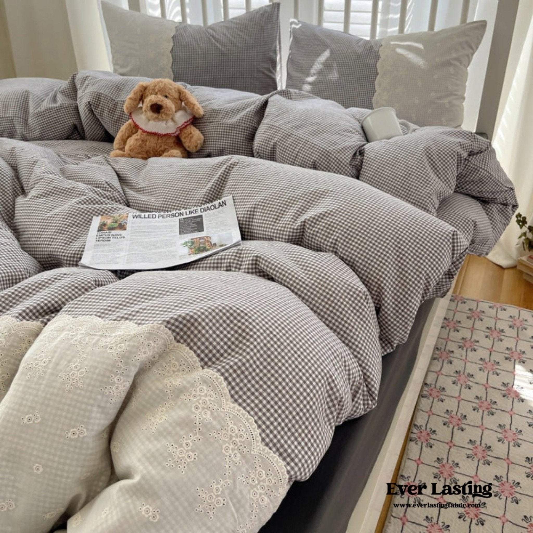 Sophia Gingham Lace Washed Cotton Bedding Set / Blue - Ever Lasting