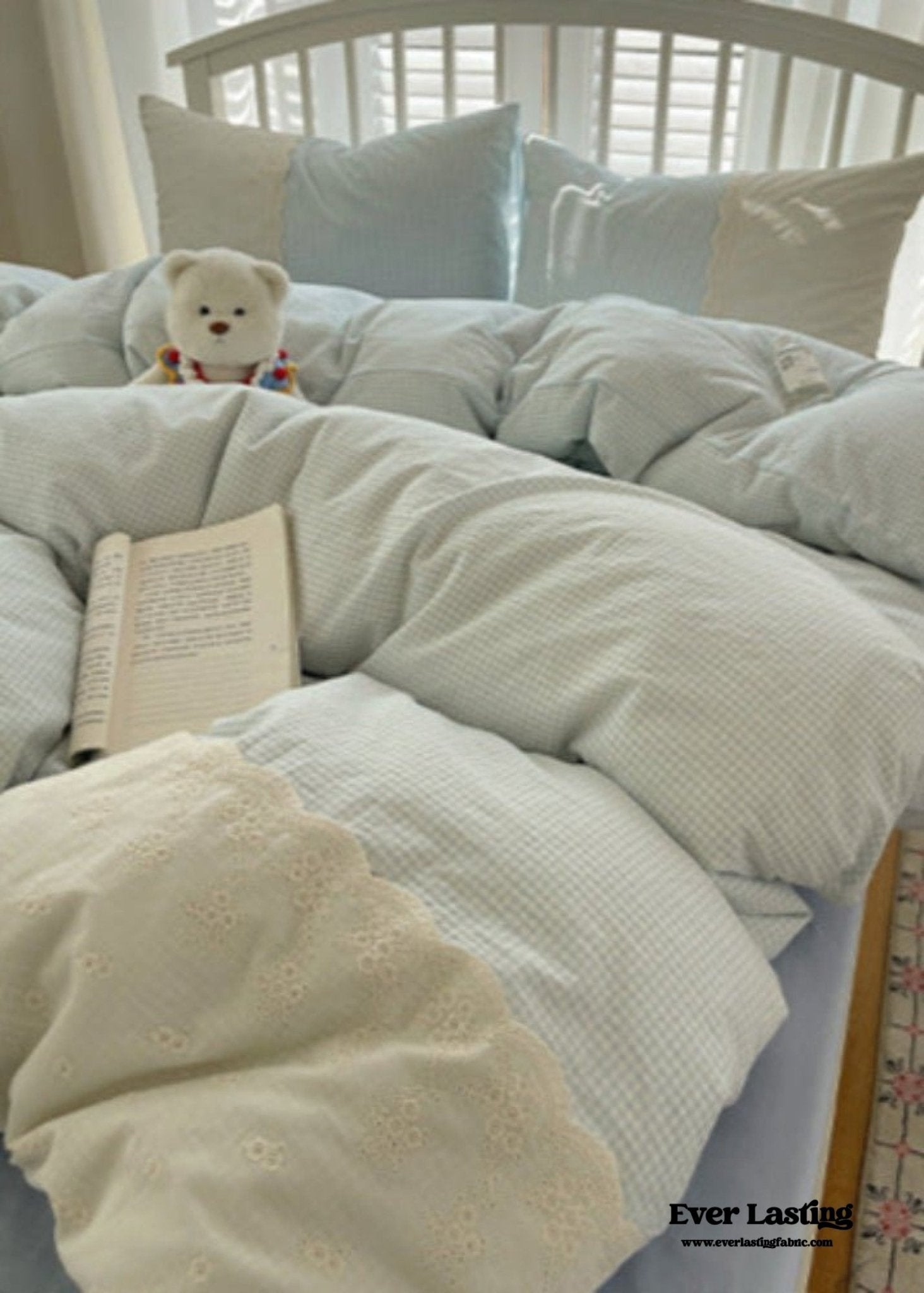 Sophia Gingham Lace Washed Cotton Bedding Set / Blue - Ever Lasting