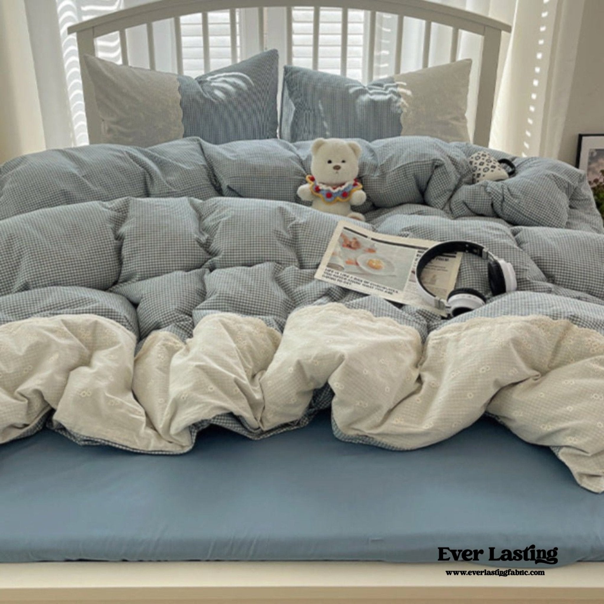 Sophia Gingham Lace Washed Cotton Bedding Set / Blue - Ever Lasting