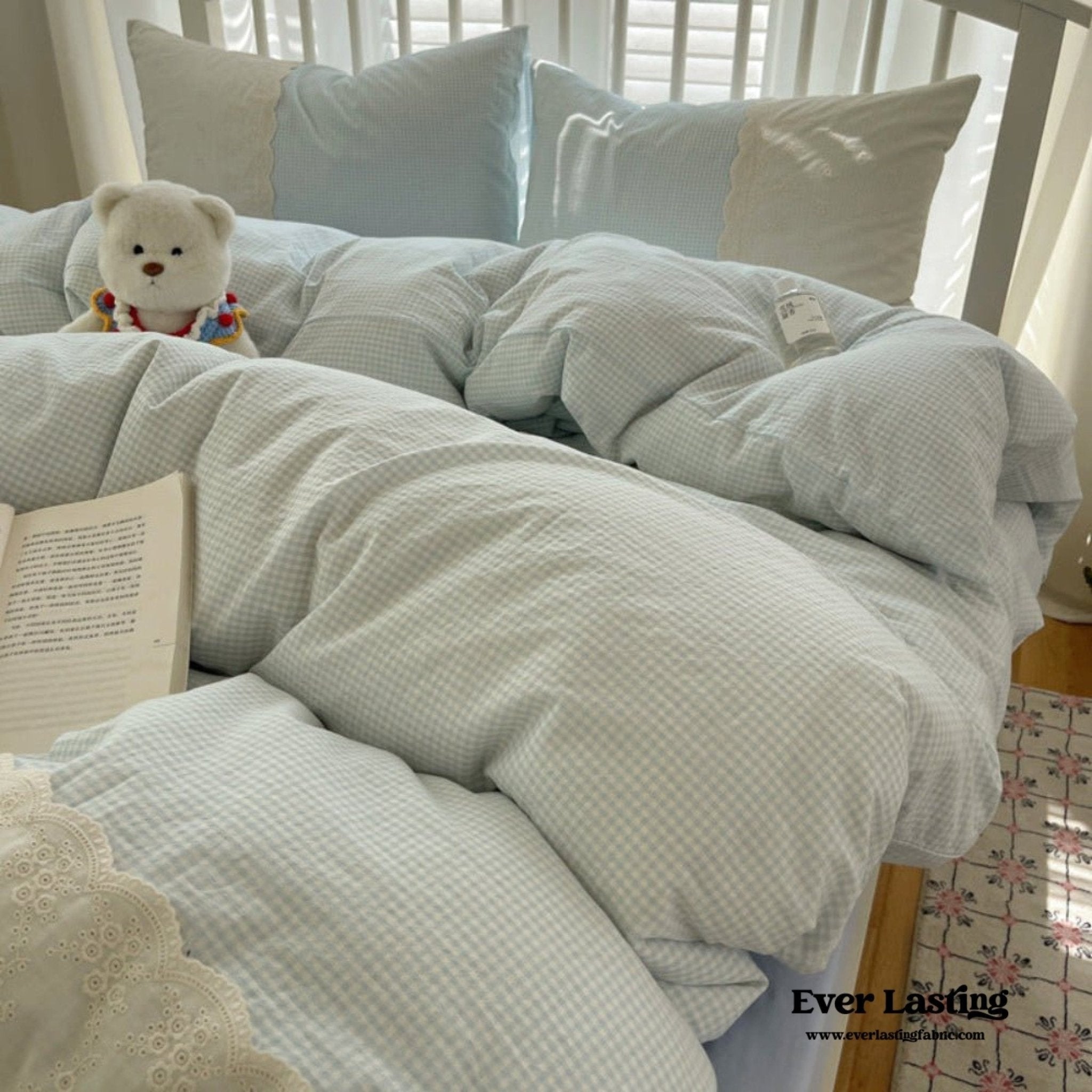 Sophia Gingham Lace Washed Cotton Bedding Set / Blue - Ever Lasting