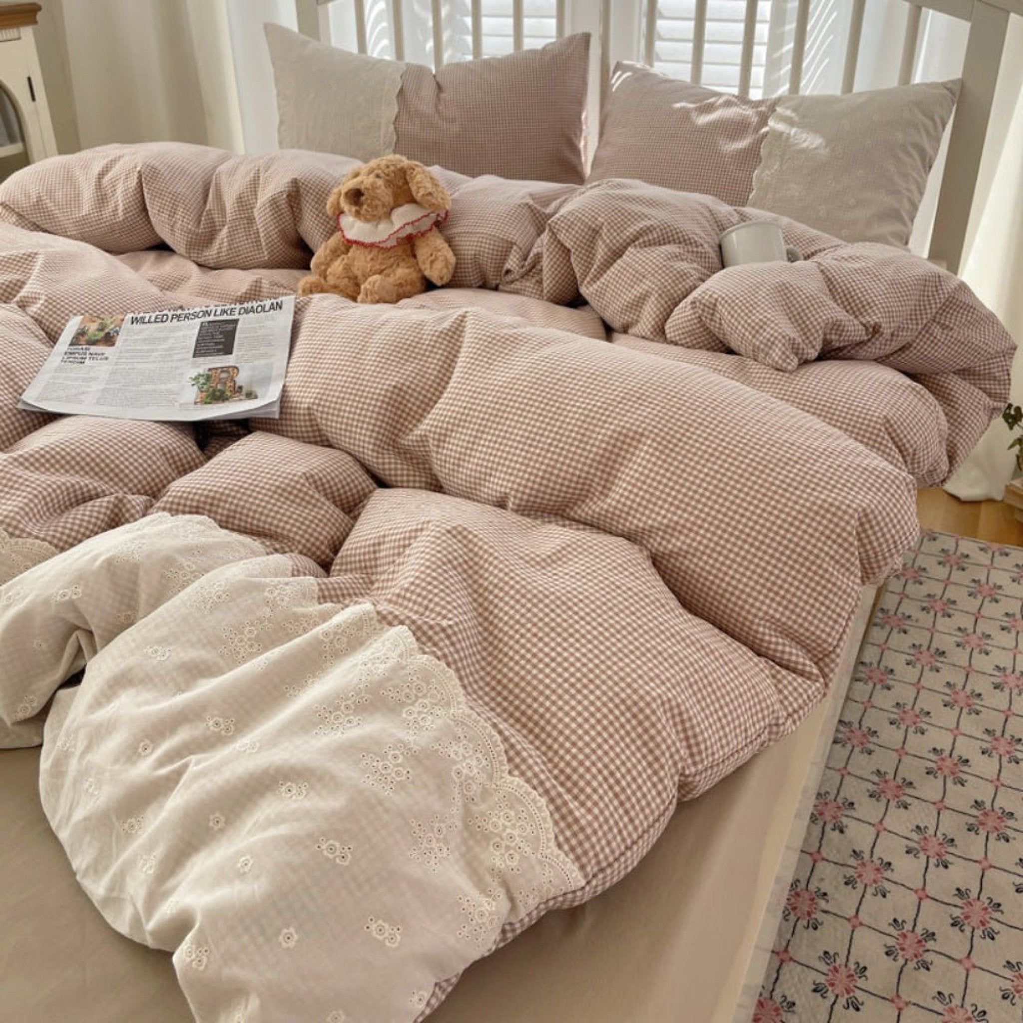 Sophia Gingham Lace Washed Cotton Bedding Set / Pink - Ever Lasting