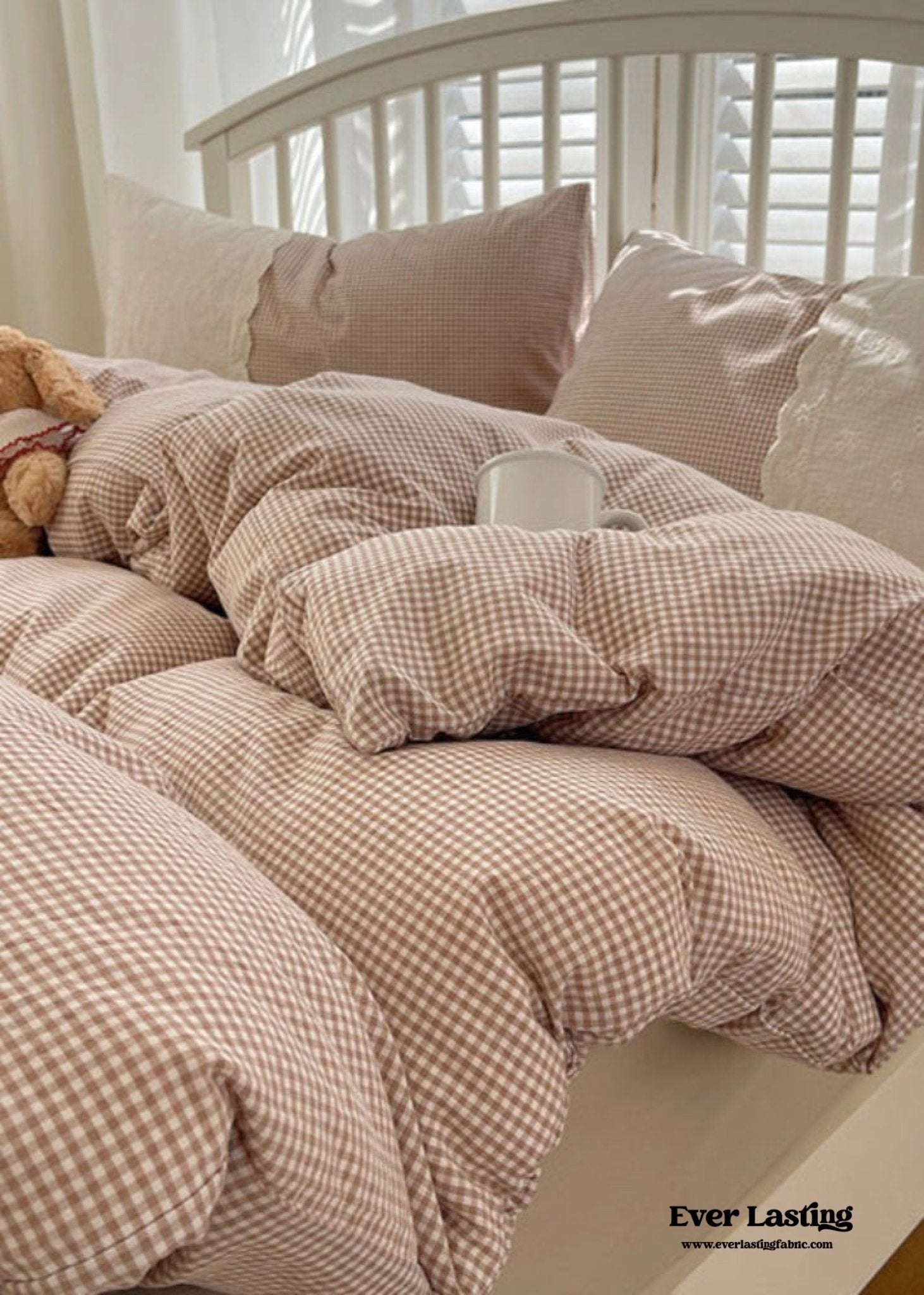 Sophia Gingham Lace Washed Cotton Bedding Set / Pink - Ever Lasting