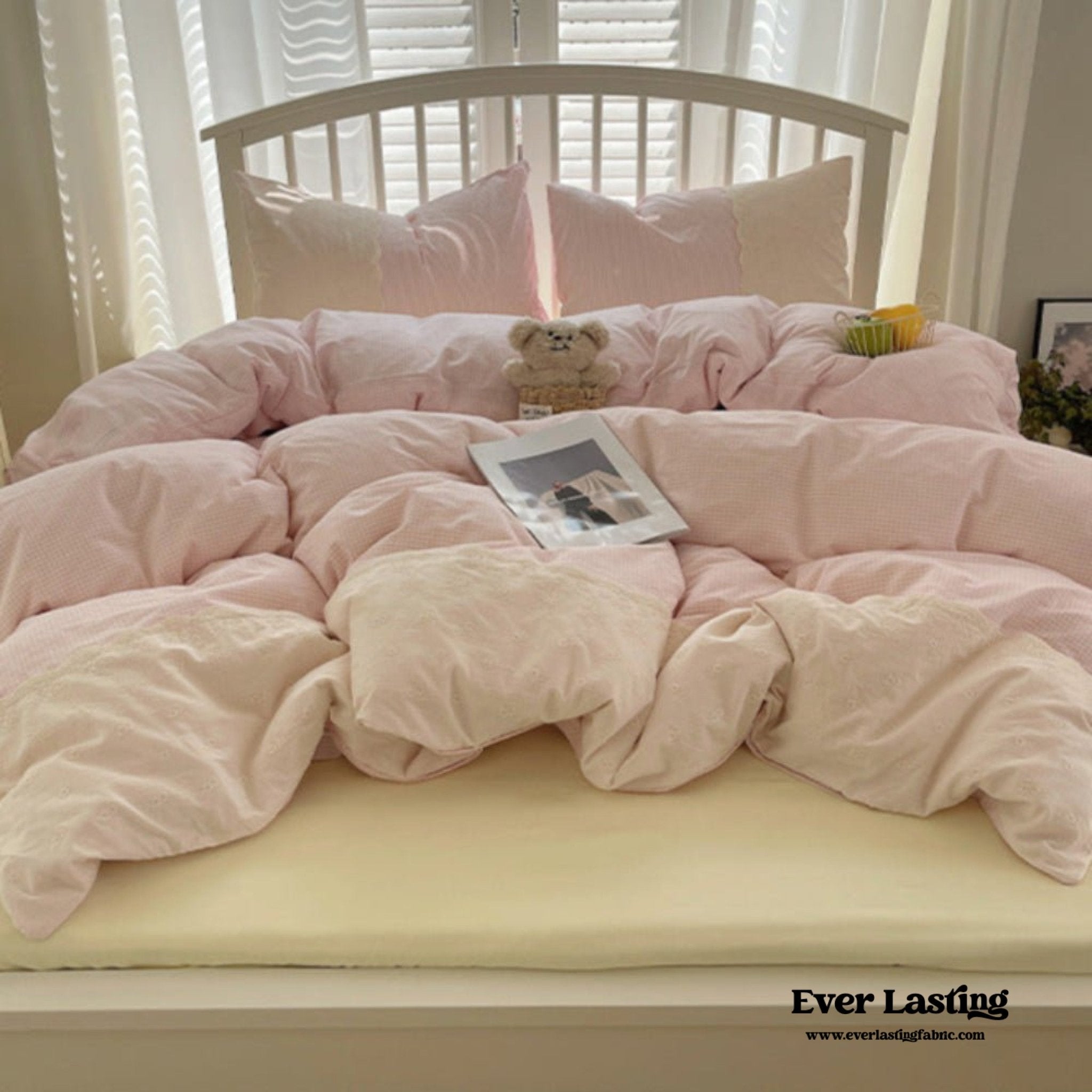 Sophia Gingham Lace Washed Cotton Bedding Set / Pink - Ever Lasting
