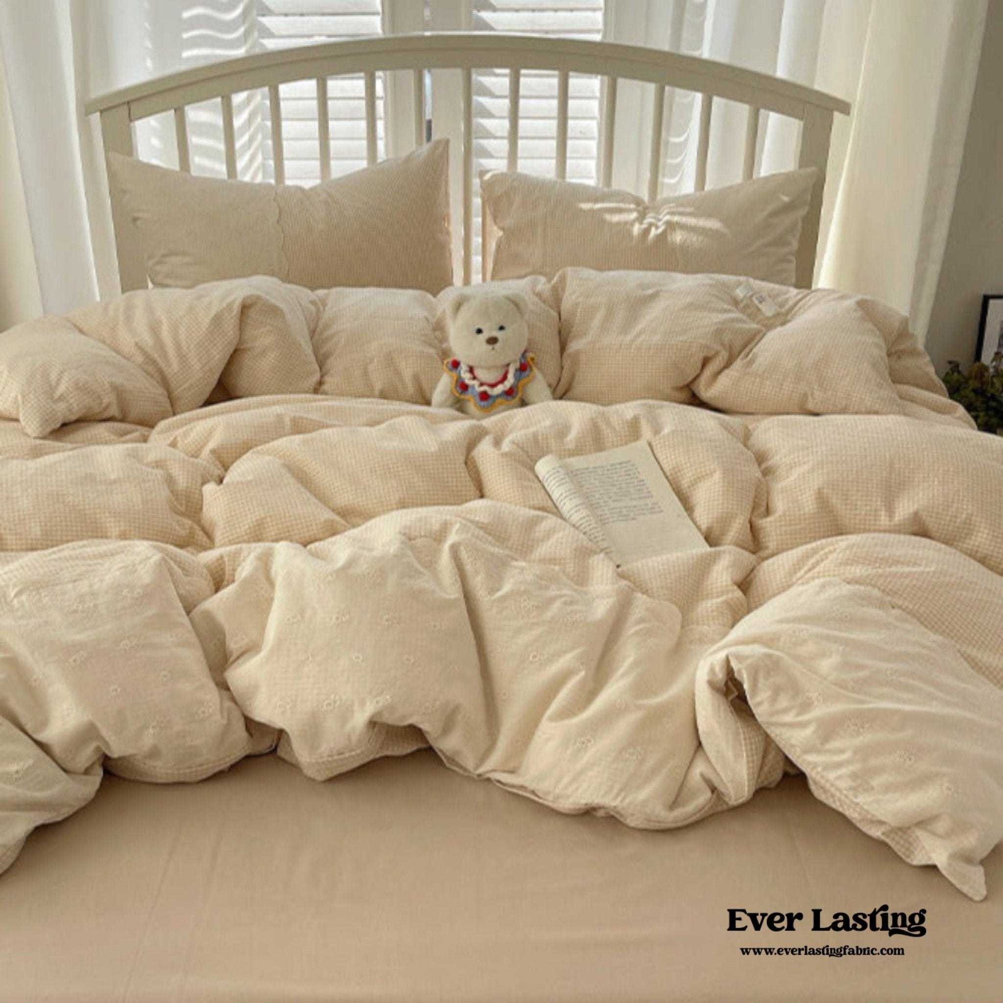 Sophia Gingham Lace Washed Cotton Bedding Set / Pink - Ever Lasting