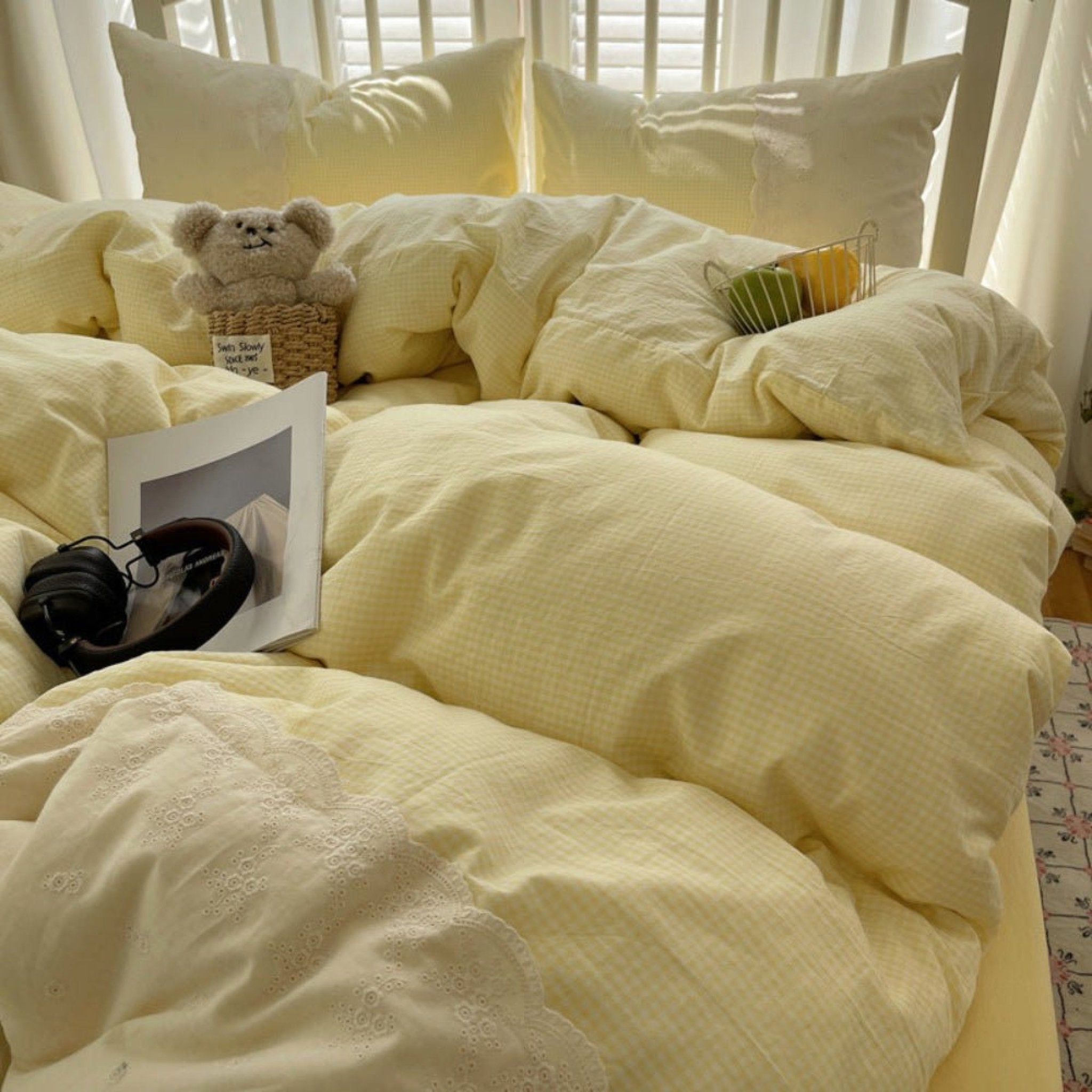 Sophia Gingham Lace Washed Cotton Bedding Set / Pink - Ever Lasting