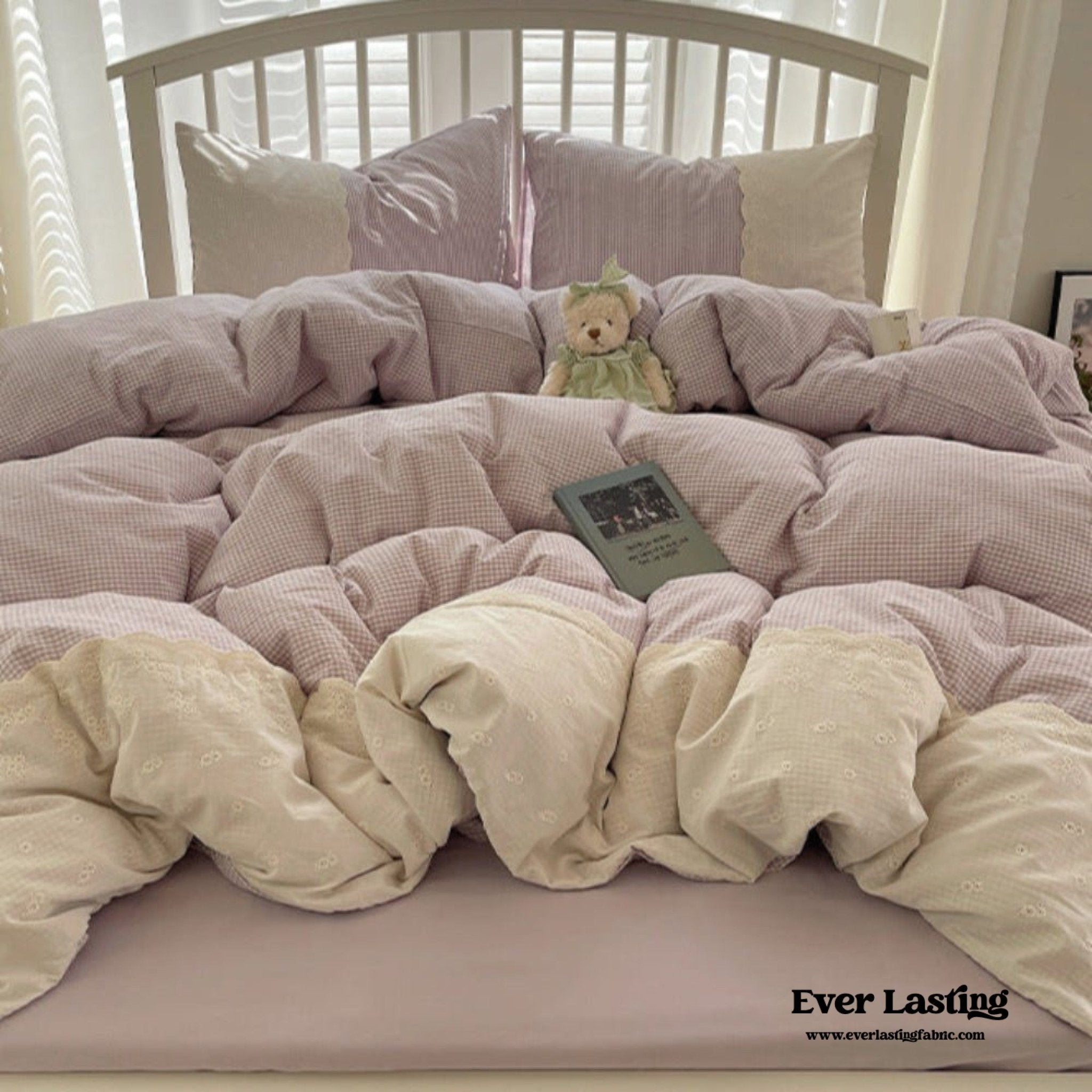 Sophia Gingham Lace Washed Cotton Bedding Set / Pink - Ever Lasting