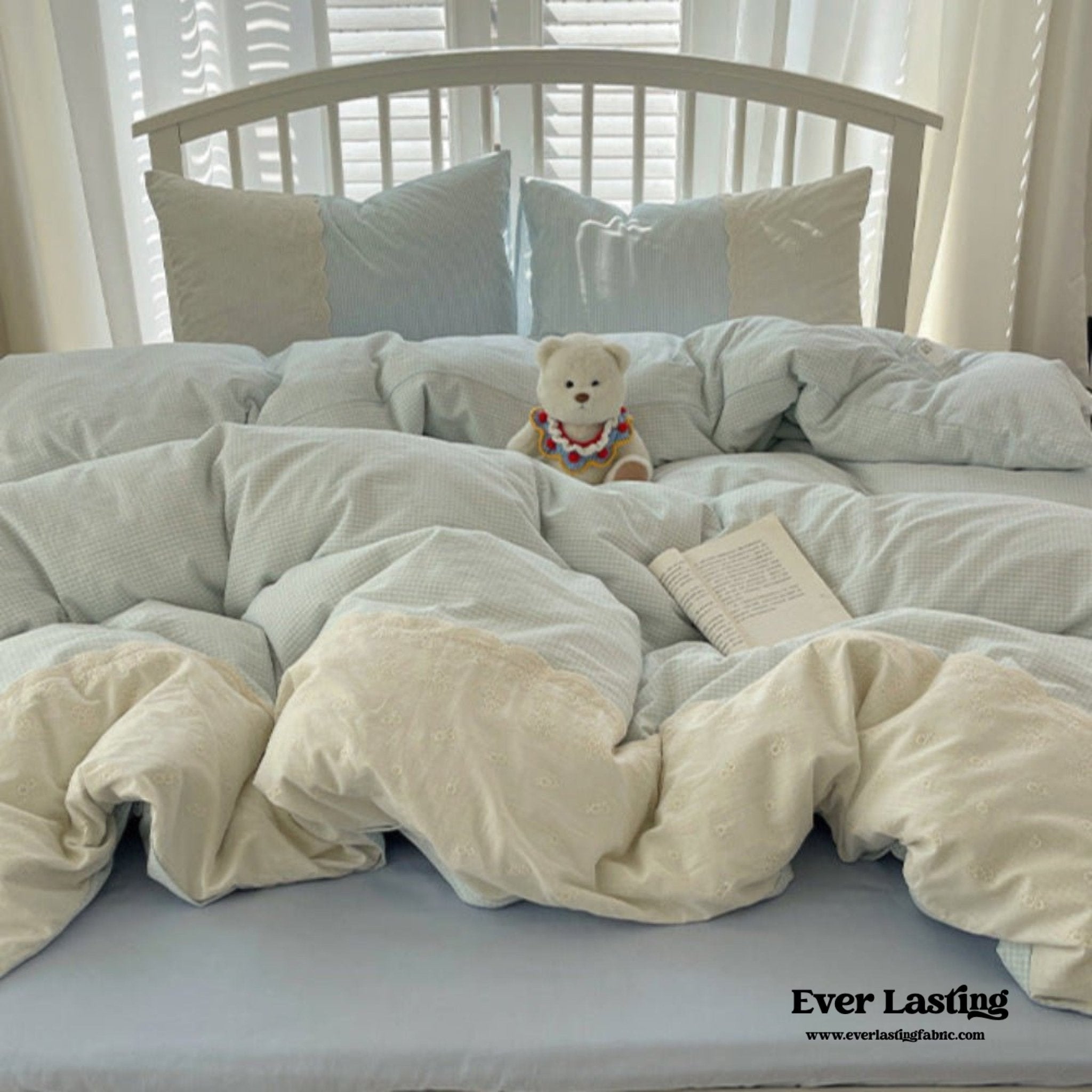 Sophia Gingham Lace Washed Cotton Bedding Set / Pink - Ever Lasting