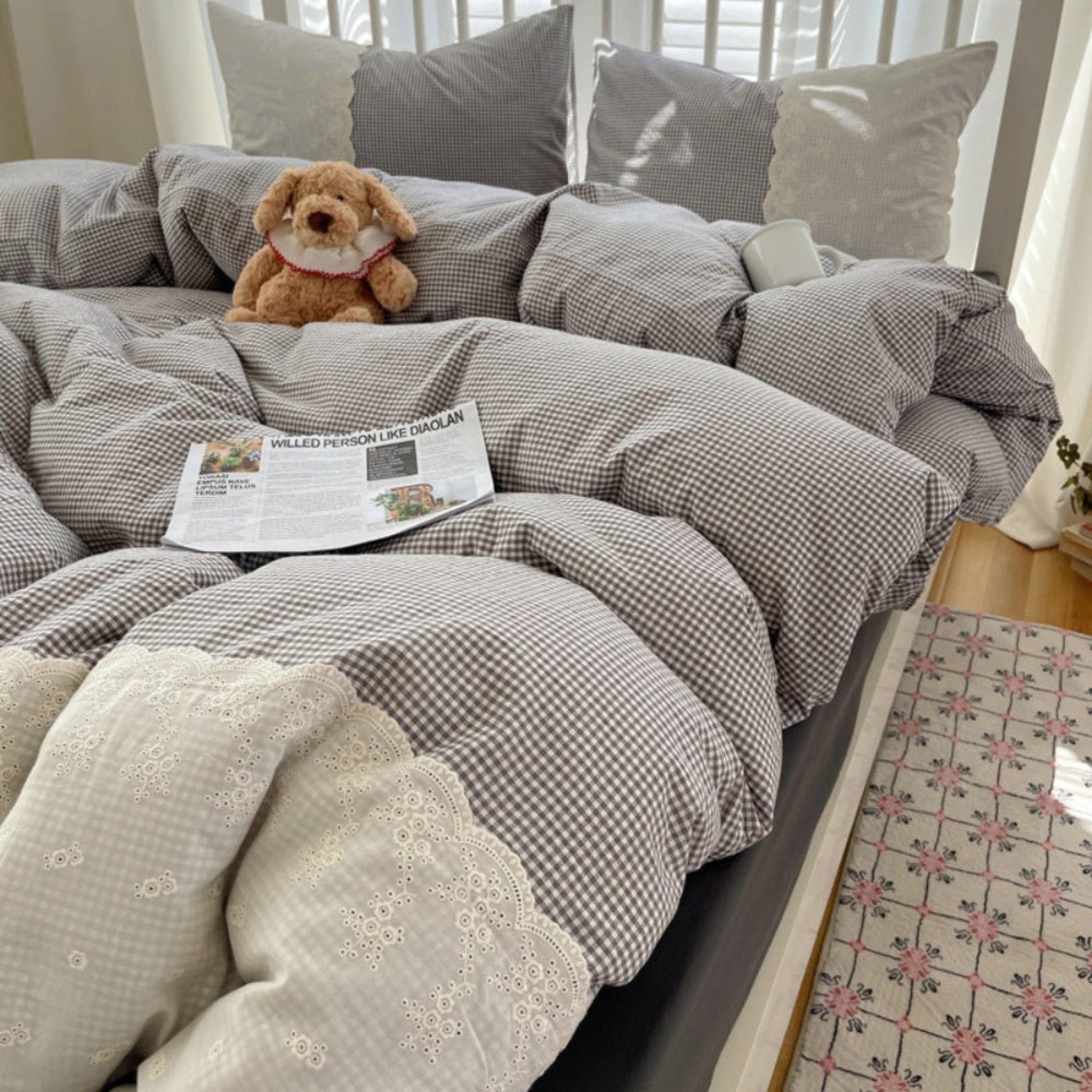 Sophia Gingham Lace Washed Cotton Bedding Set / Pink - Ever Lasting