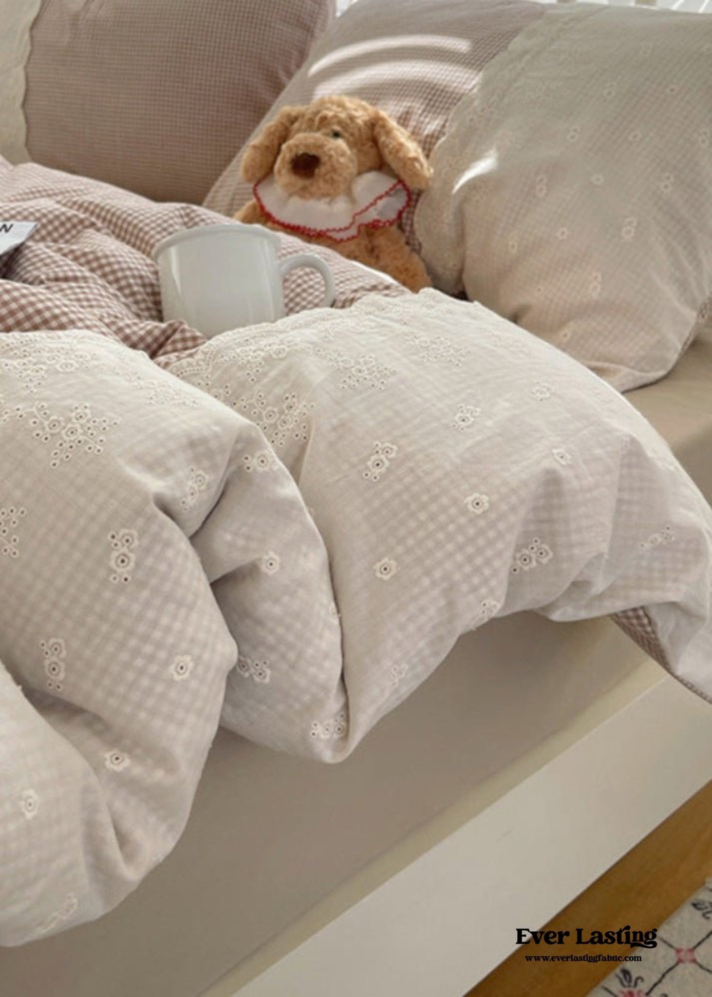 Sophia Gingham Lace Washed Cotton Bedding Set / Pink - Ever Lasting