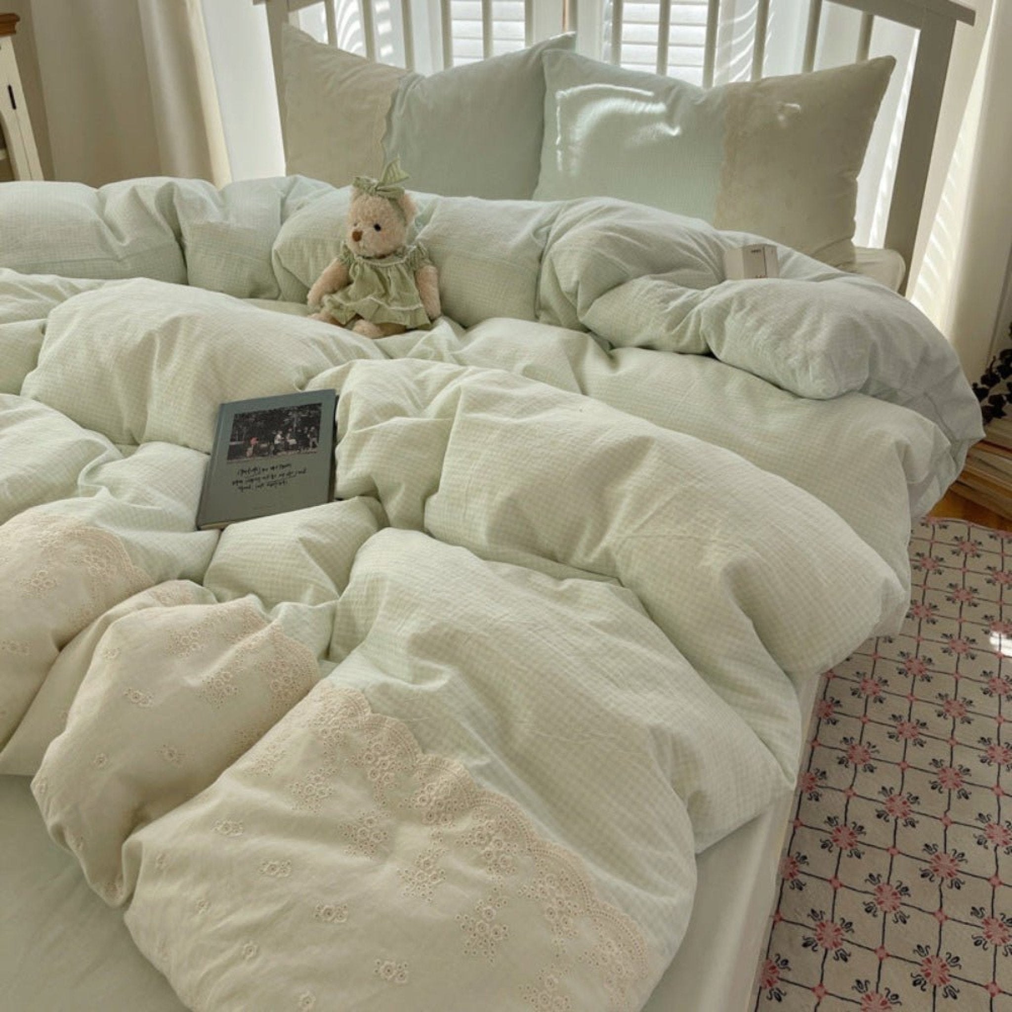 Sophia Gingham Lace Washed Cotton Bedding Set / Pink - Ever Lasting