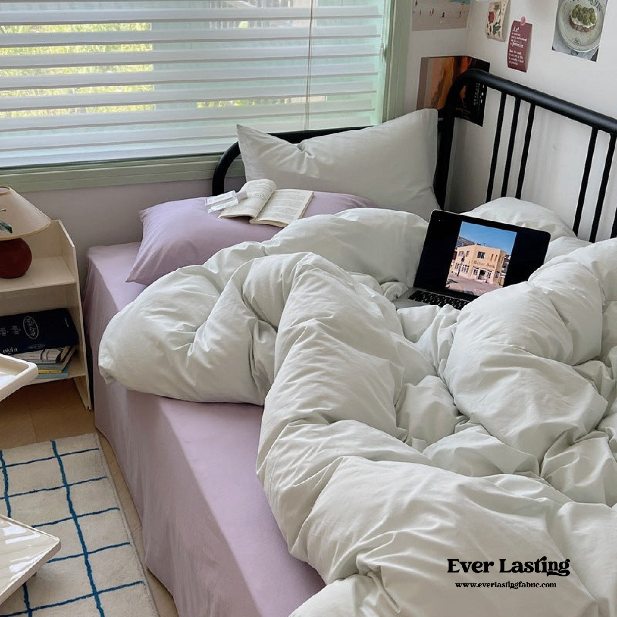 Spring Mixed Washed Cotton Bedding Set / White + Purple - Ever Lasting