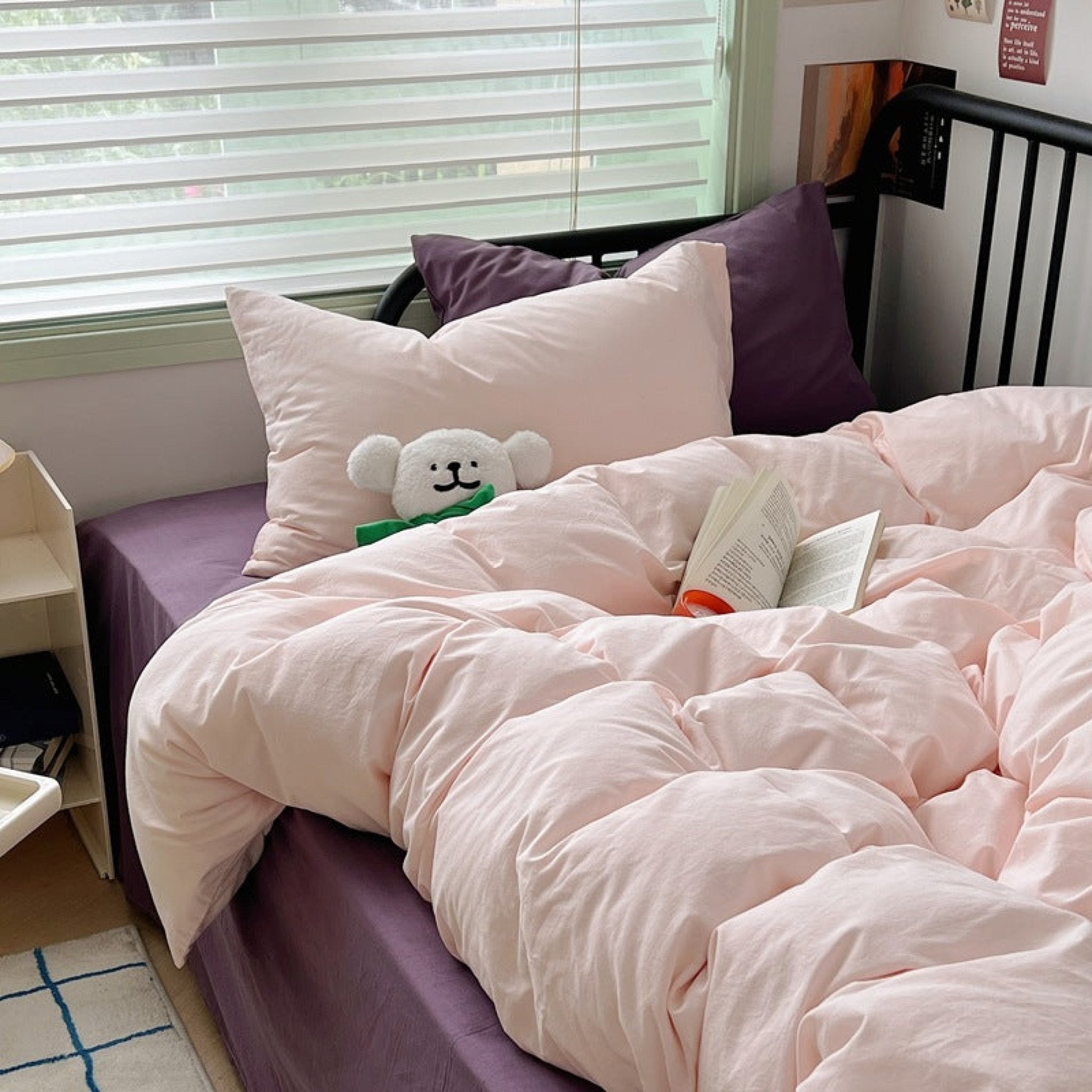 Spring Mixed Washed Cotton Bedding Set / White + Purple - Ever Lasting