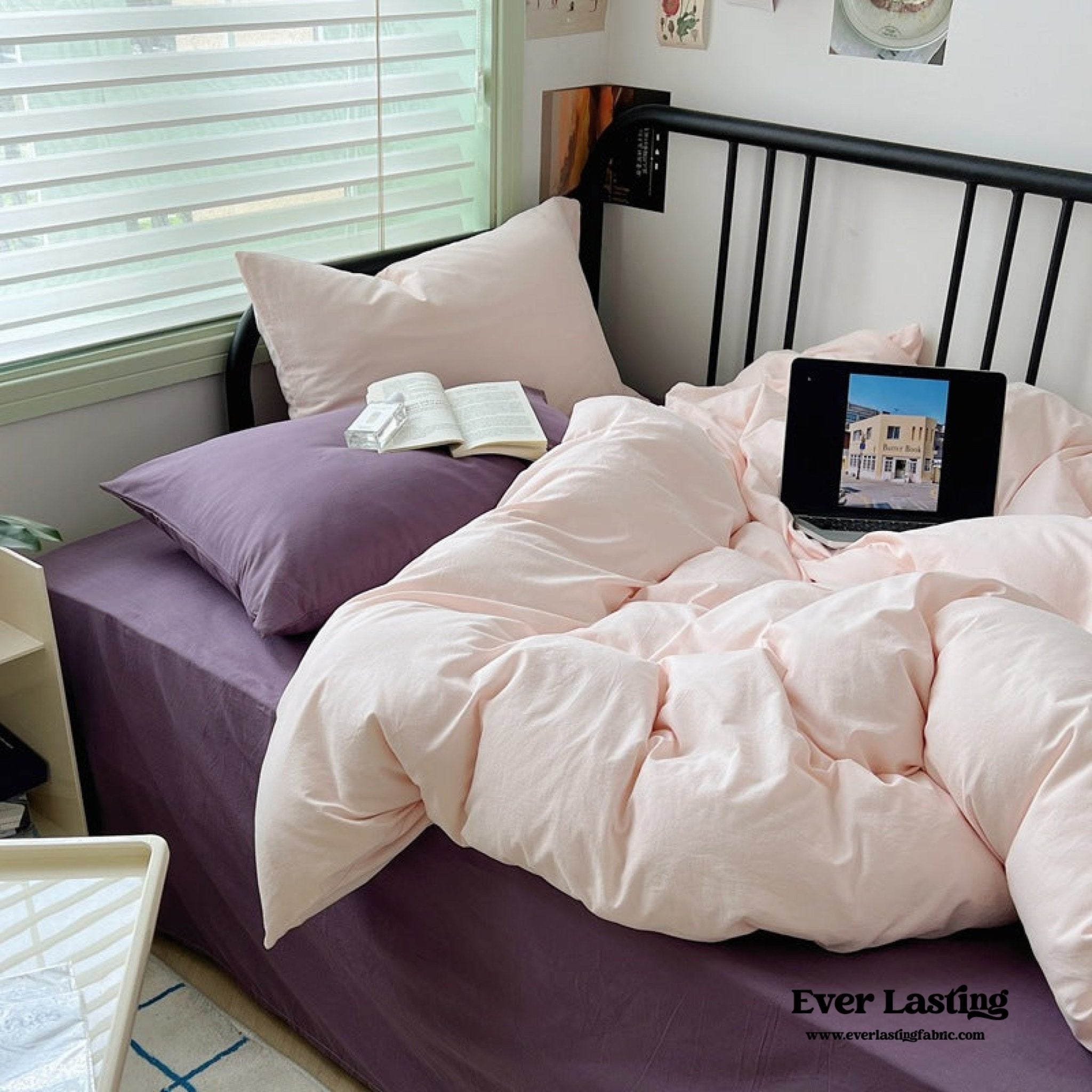 Spring Mixed Washed Cotton Bedding Set / White + Purple - Ever Lasting