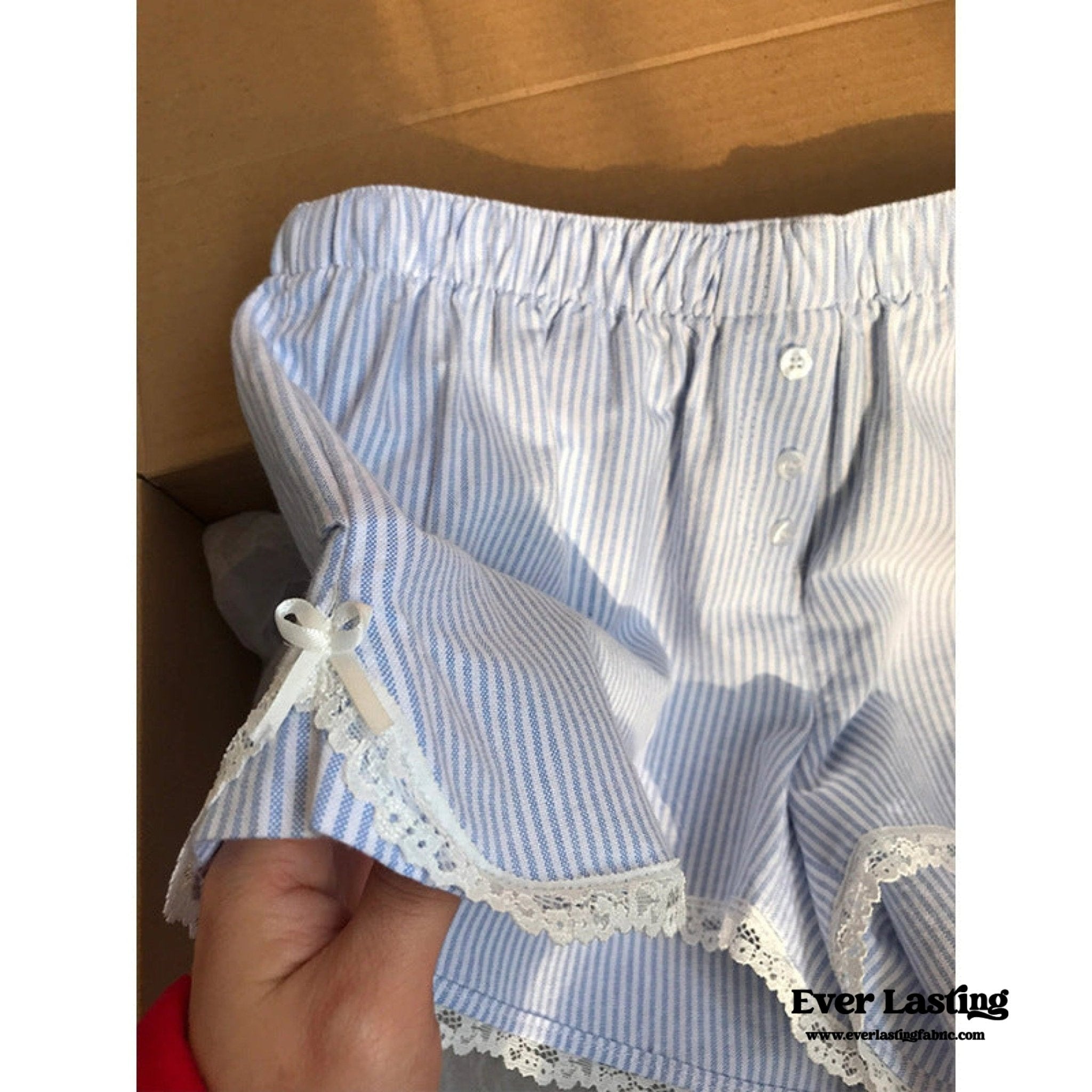 Stripe Ribbon Bow Lace Pajama Boxer Shorts / Blue - Ever Lasting