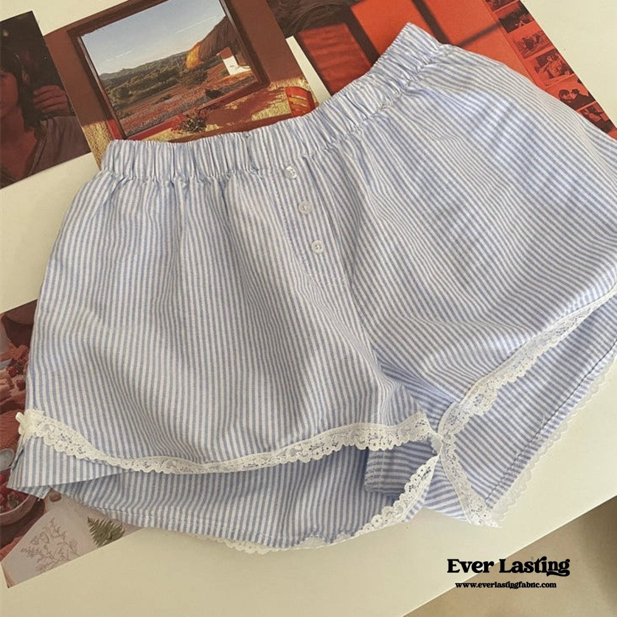 Stripe Ribbon Bow Lace Pajama Boxer Shorts / Blue - Ever Lasting