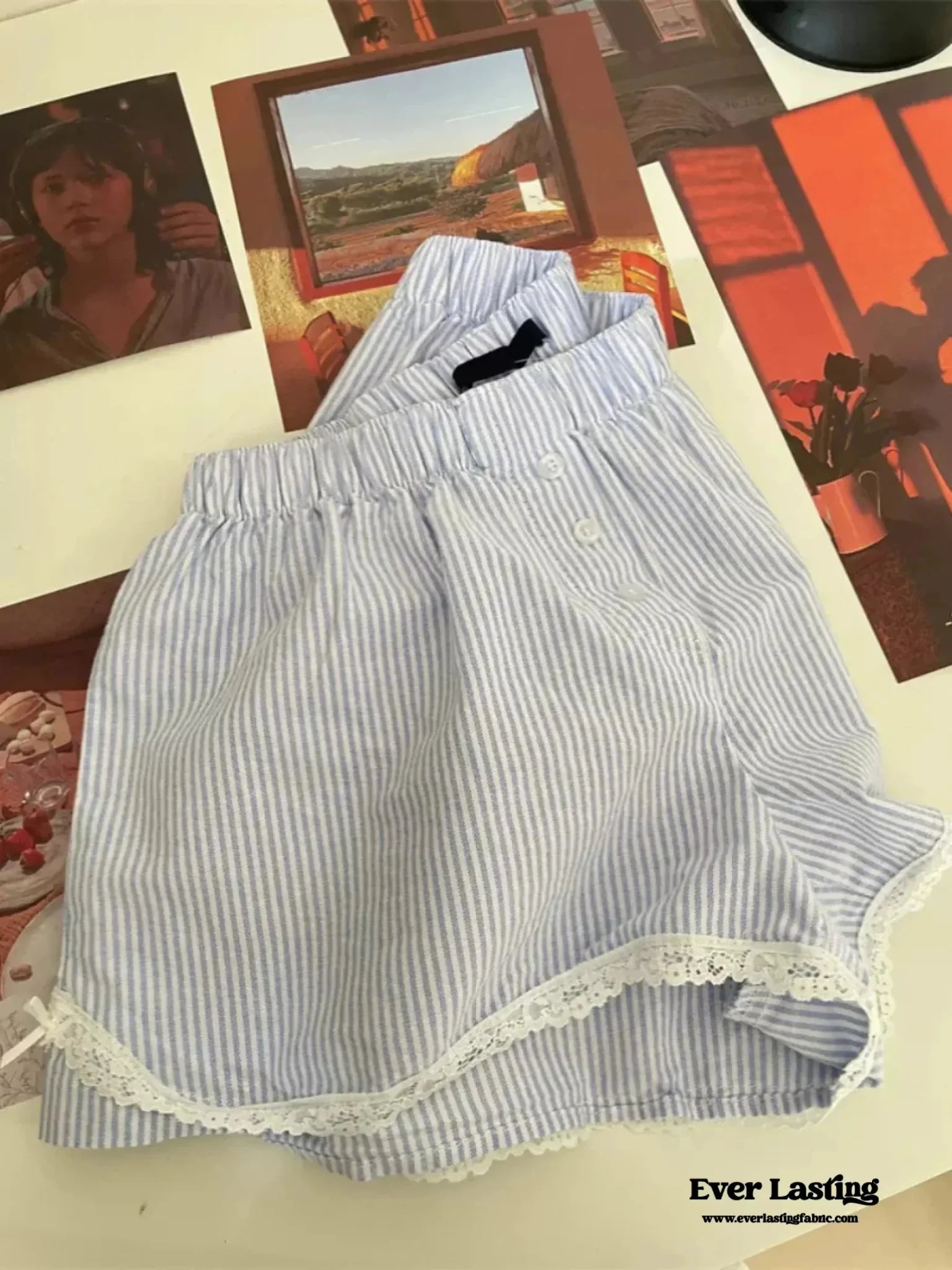 Stripe Ribbon Bow Lace Pajama Boxer Shorts / Blue - Ever Lasting