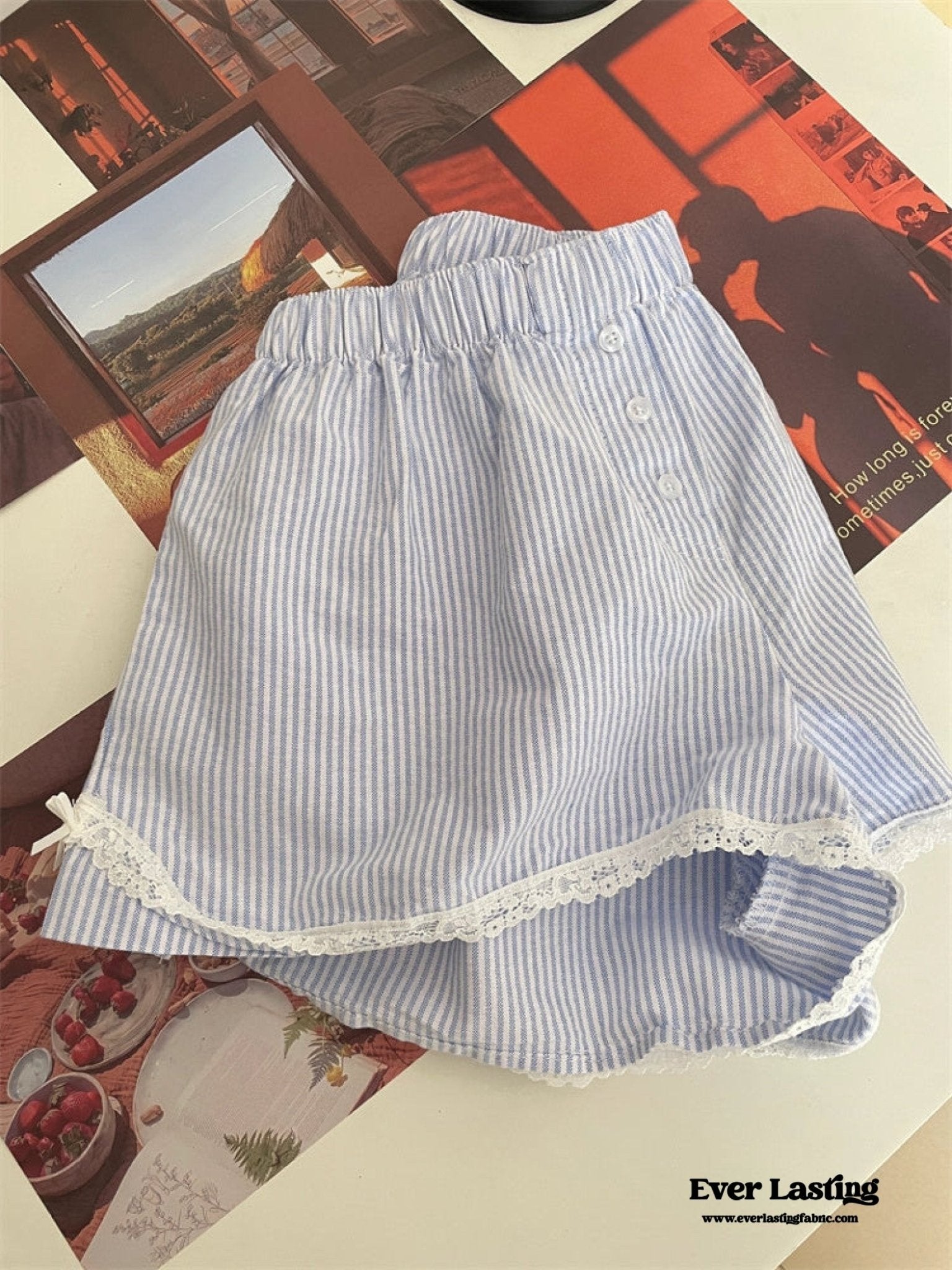 Stripe Ribbon Bow Lace Pajama Boxer Shorts / Blue - Ever Lasting