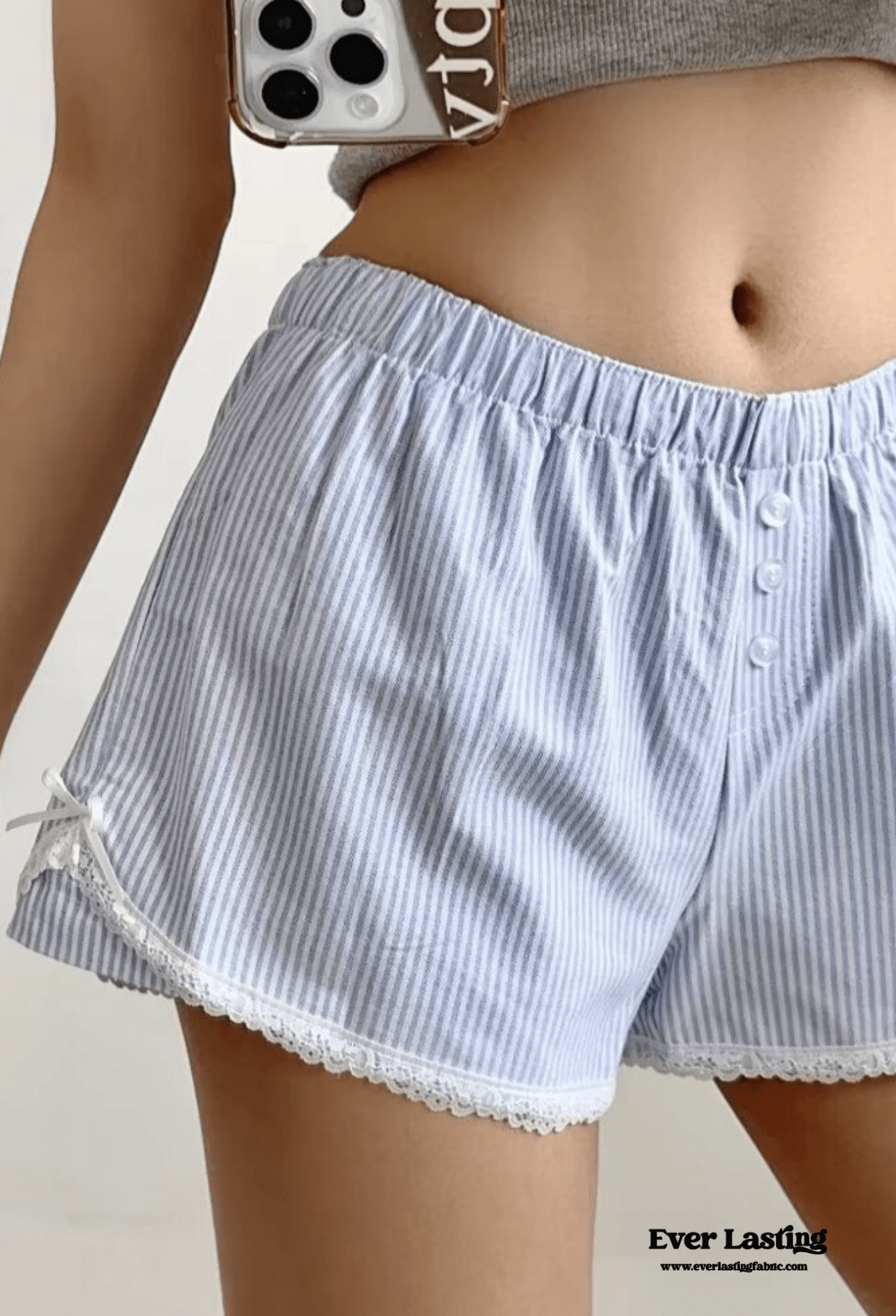 Stripe Ribbon Bow Lace Pajama Boxer Shorts / Blue - Ever Lasting