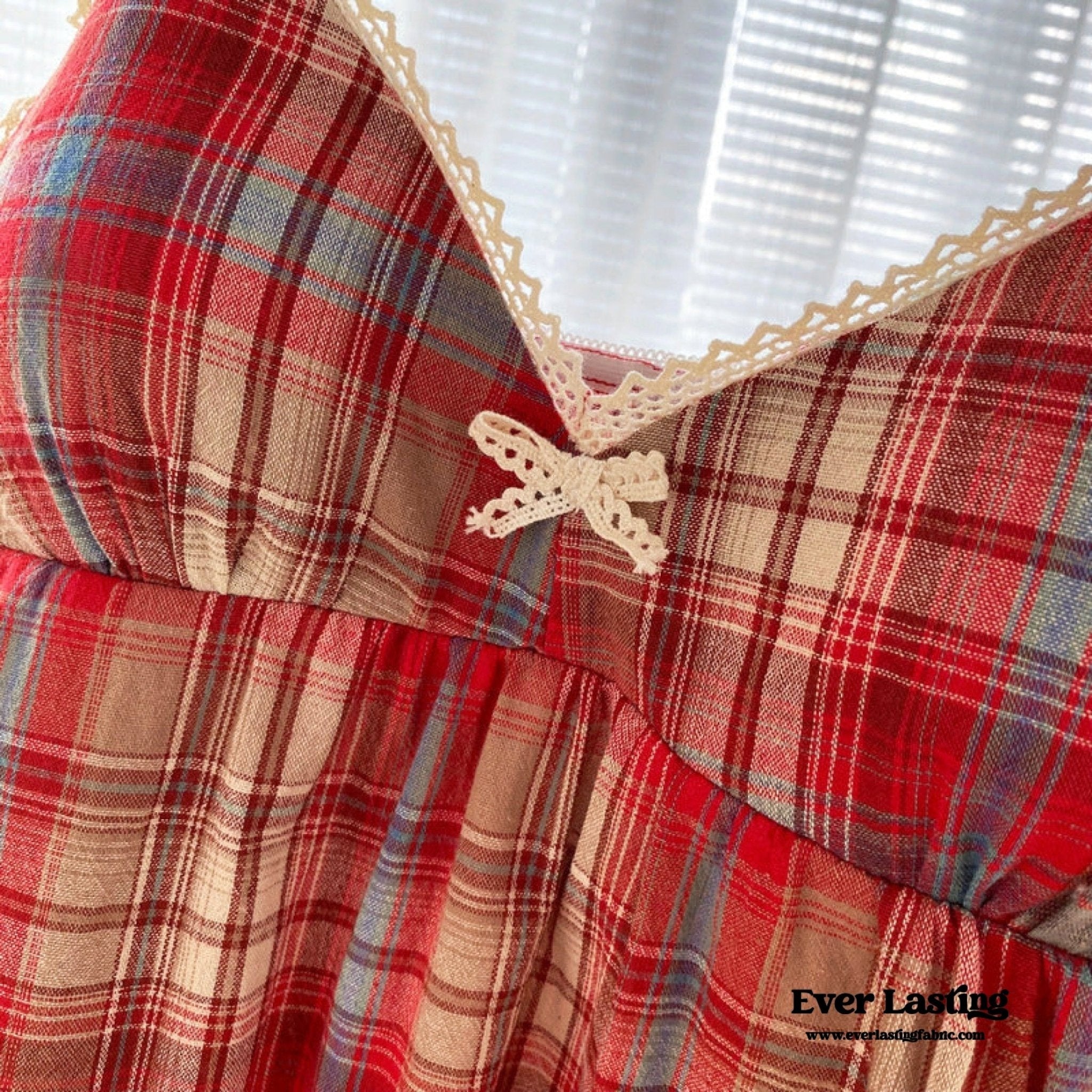 Sweet Lace Red Plaid Ribbon Pajama Set / V Neck - Ever Lasting