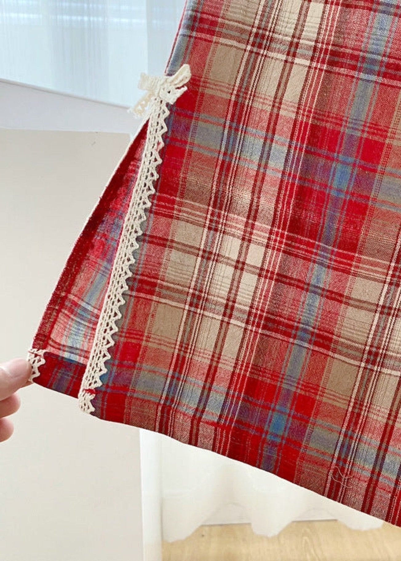 Sweet Lace Red Plaid Ribbon Pajama Set / V Neck - Ever Lasting