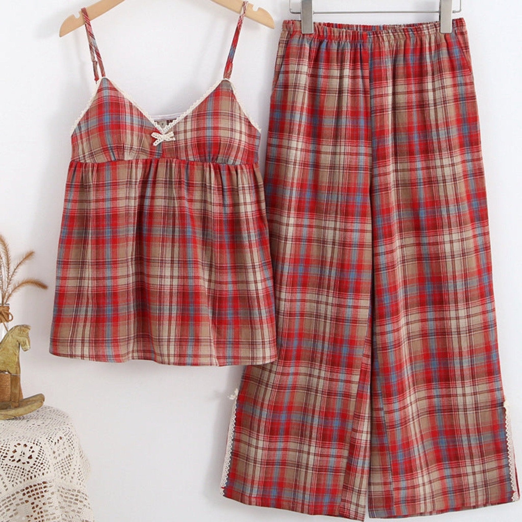 Sweet Lace Red Plaid Ribbon Pajama Set / V Neck - Ever Lasting