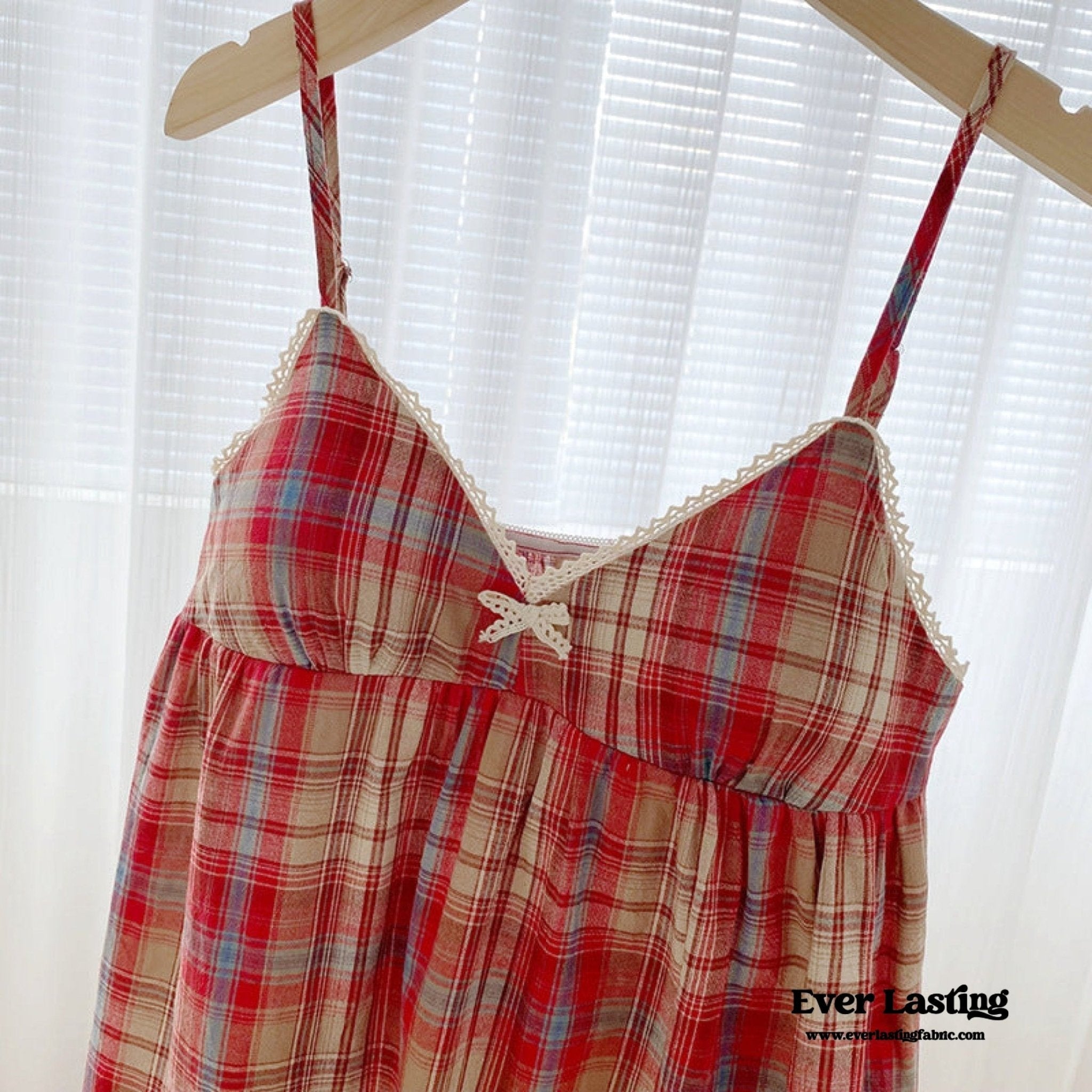 Sweet Lace Red Plaid Ribbon Pajama Set / V Neck - Ever Lasting