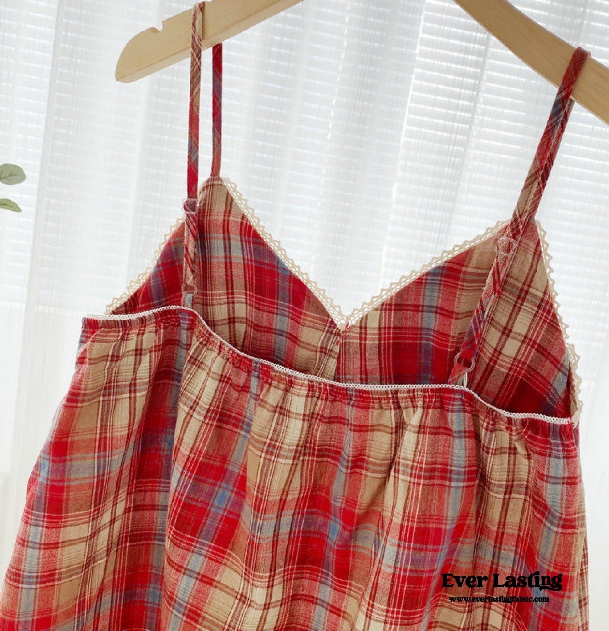 Sweet Lace Red Plaid Ribbon Pajama Set / V Neck - Ever Lasting