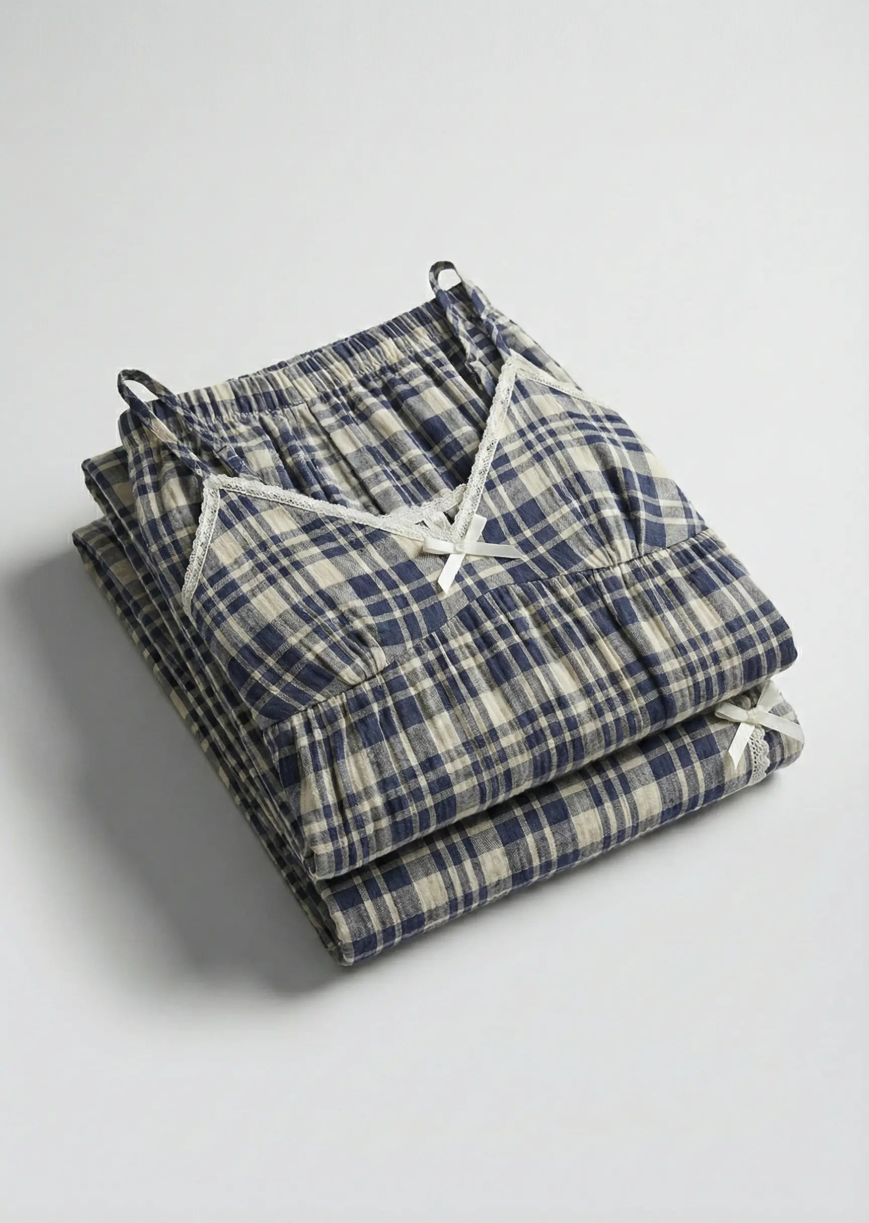 - Ever Lasting - Sweet Lace Red Plaid Ribbon Pajama Set / V Neck - Pajamas - Ever Lasting