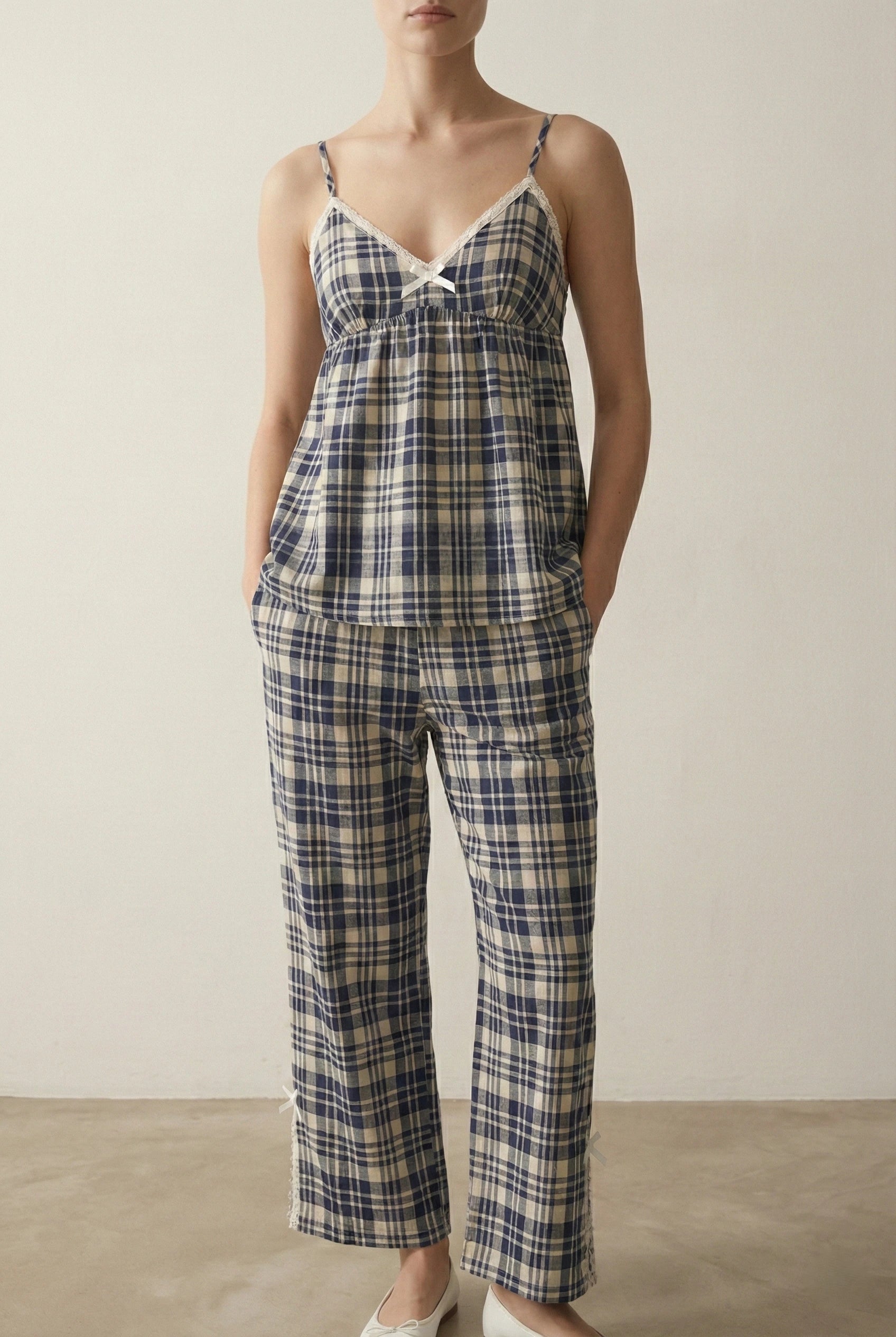 - Ever Lasting - Sweet Lace Red Plaid Ribbon Pajama Set / V Neck - Pajamas - Ever Lasting