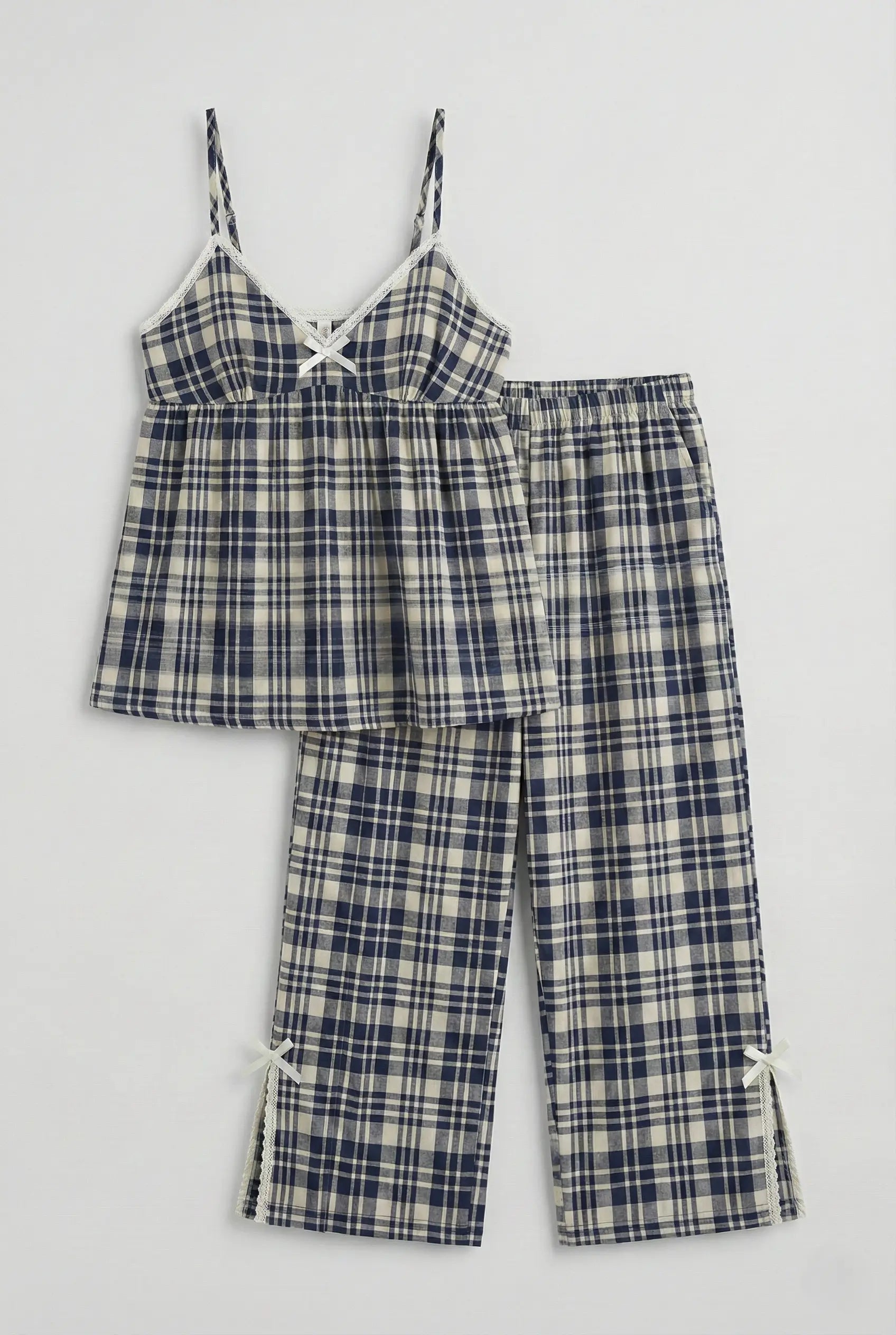 - Ever Lasting - Sweet Lace Red Plaid Ribbon Pajama Set / V Neck - Pajamas - Ever Lasting