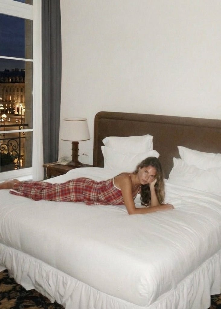 - Ever Lasting - Sweet Lace Red Plaid Ribbon Pajama Set / V Neck - Pajamas - Ever Lasting