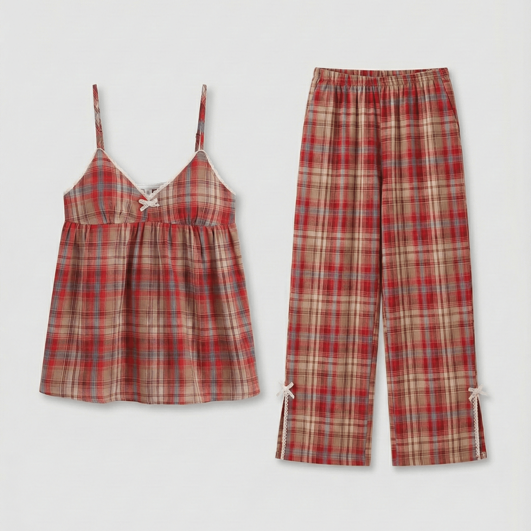 - Ever Lasting - Sweet Lace Red Plaid Ribbon Pajama Set / V Neck - Pajamas - Ever Lasting