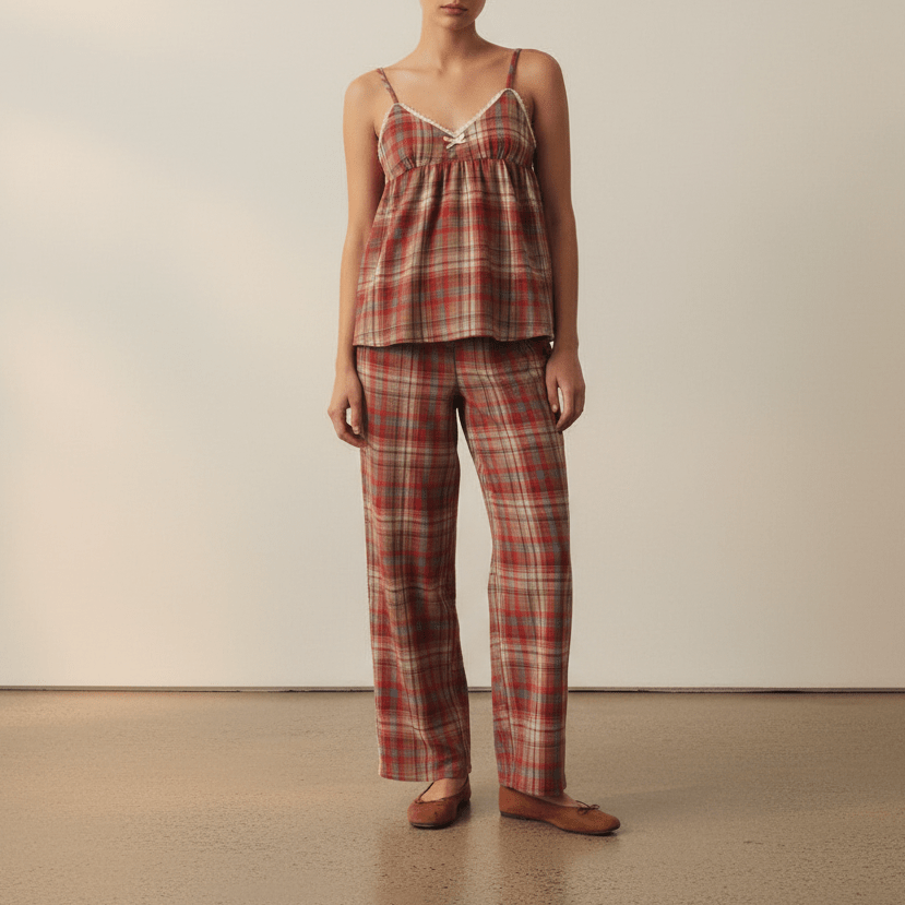 - Ever Lasting - Sweet Lace Red Plaid Ribbon Pajama Set / V Neck - Pajamas - Ever Lasting