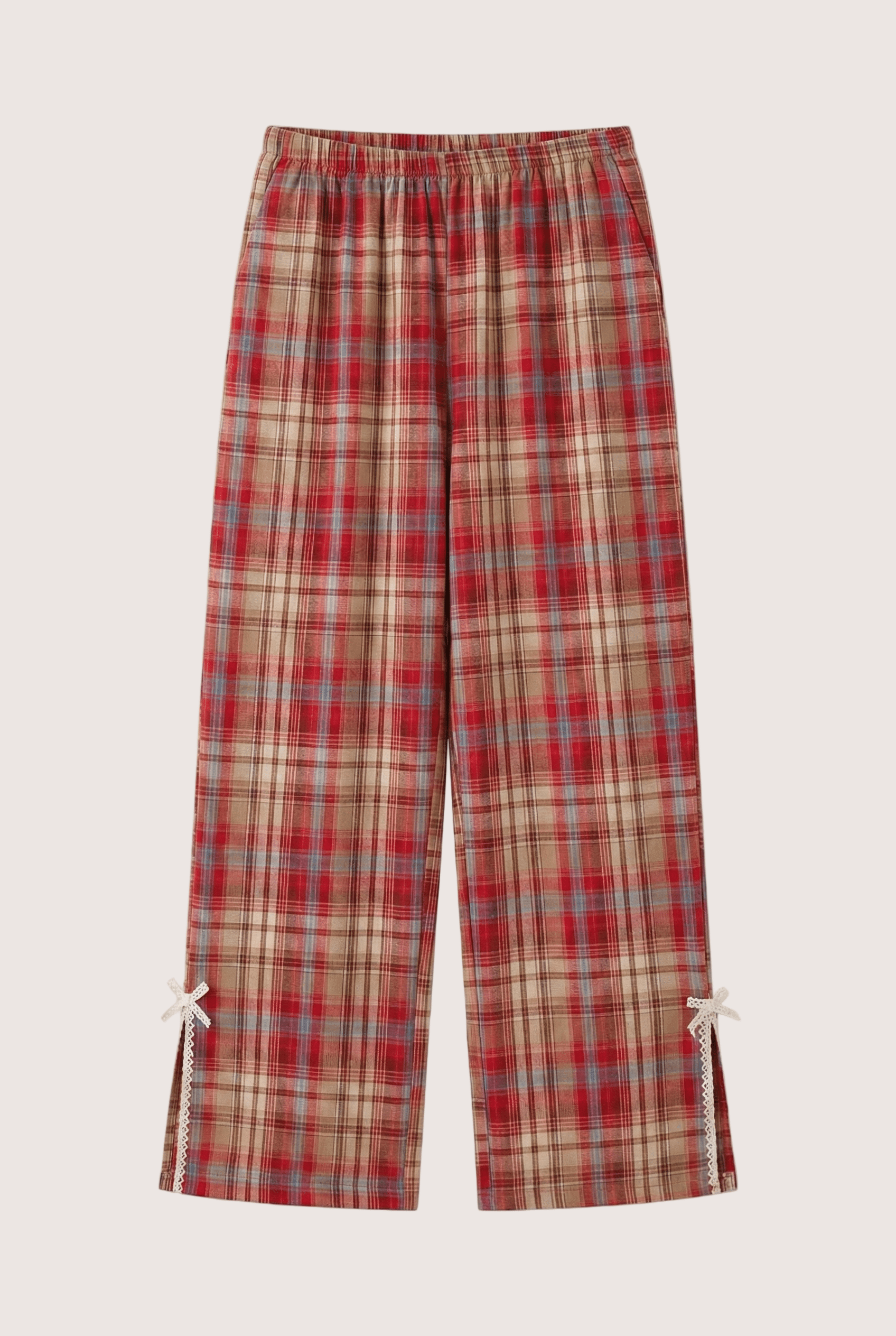 - Ever Lasting - Sweet Lace Red Plaid Ribbon Pajama Set / V Neck - Pajamas - Ever Lasting