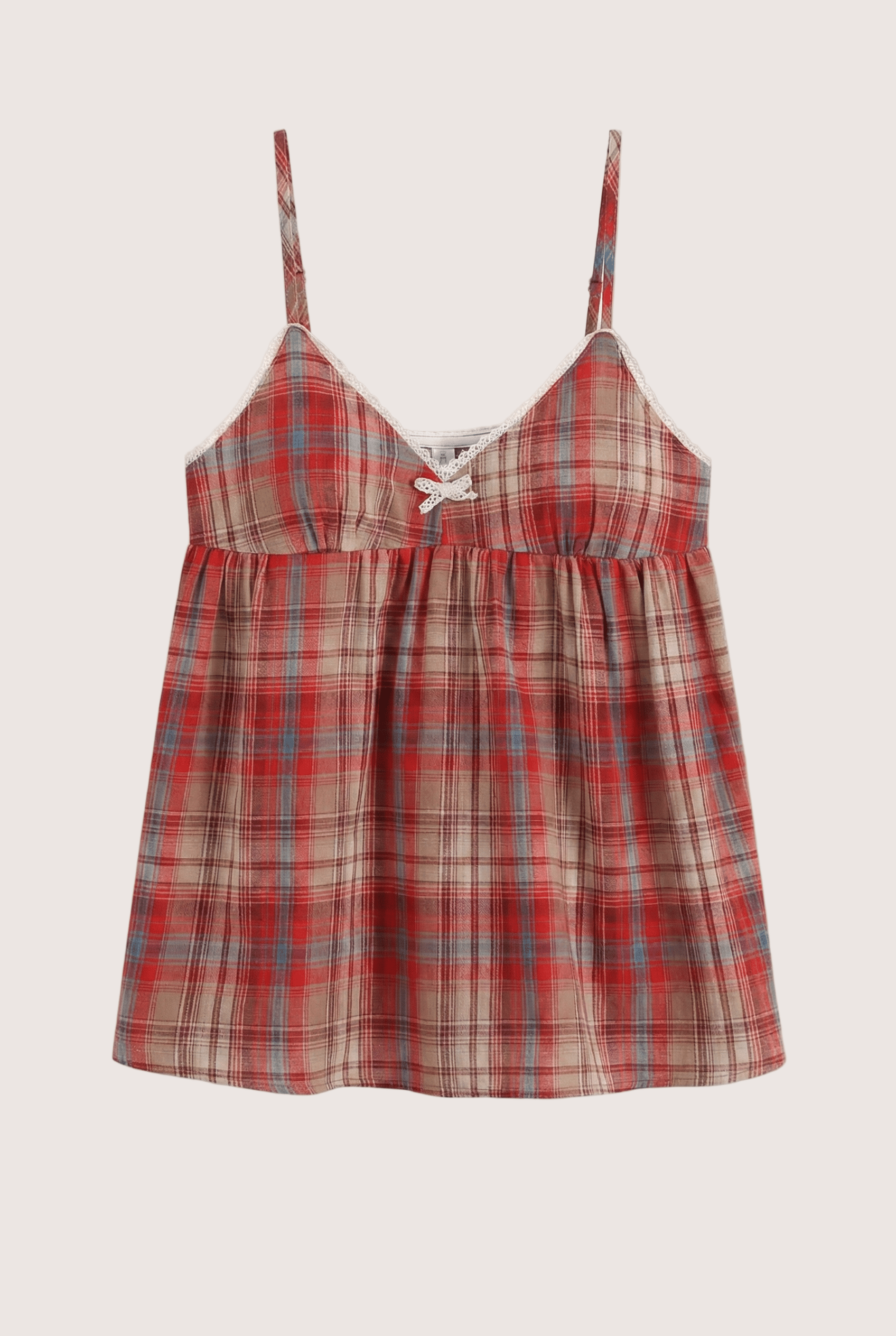 - Ever Lasting - Sweet Lace Red Plaid Ribbon Pajama Set / V Neck - Pajamas - Ever Lasting